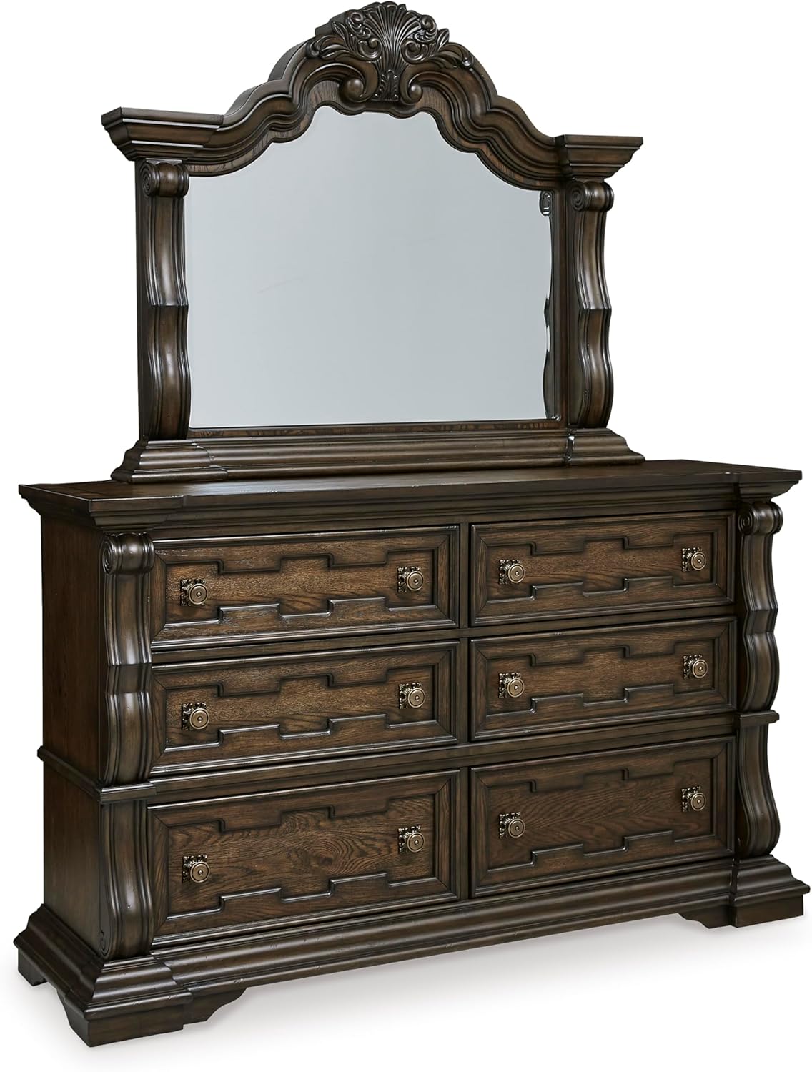 Signature Design by Ashley Maylee Traditional 6-Drawer Dresser and Mirror with Safety Stop and Felt-Lined Top Drawer, Dark Brown