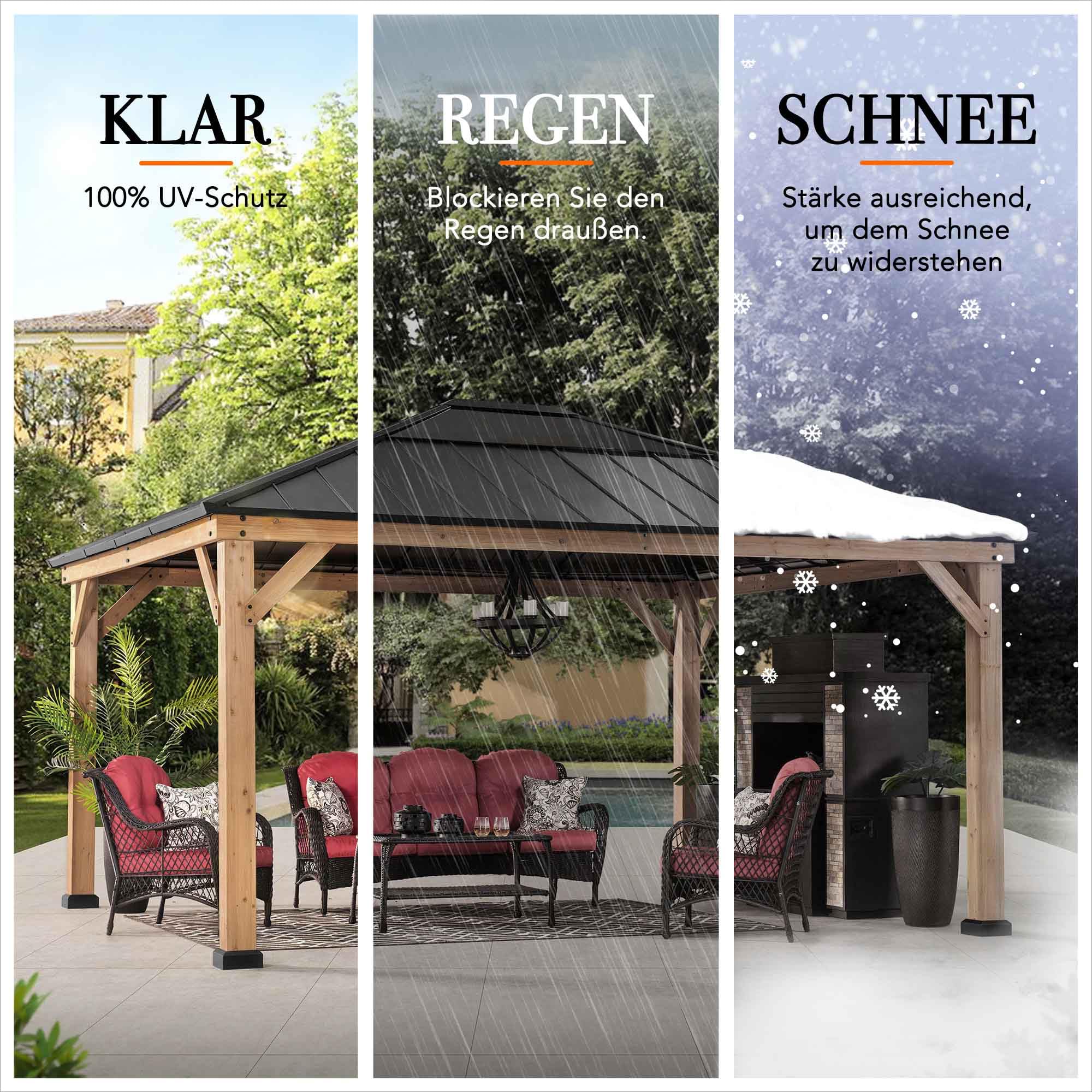 SUNJOY 3,9x4,5 m Holzpavillon mit lichtdurchlässigem Dachfenster, Pavillon Holz wasserdicht stabil Winterfest, Hardtop Stahldach, 14 cm Pfosten, Gartenpavillon für Terrasse & Deck