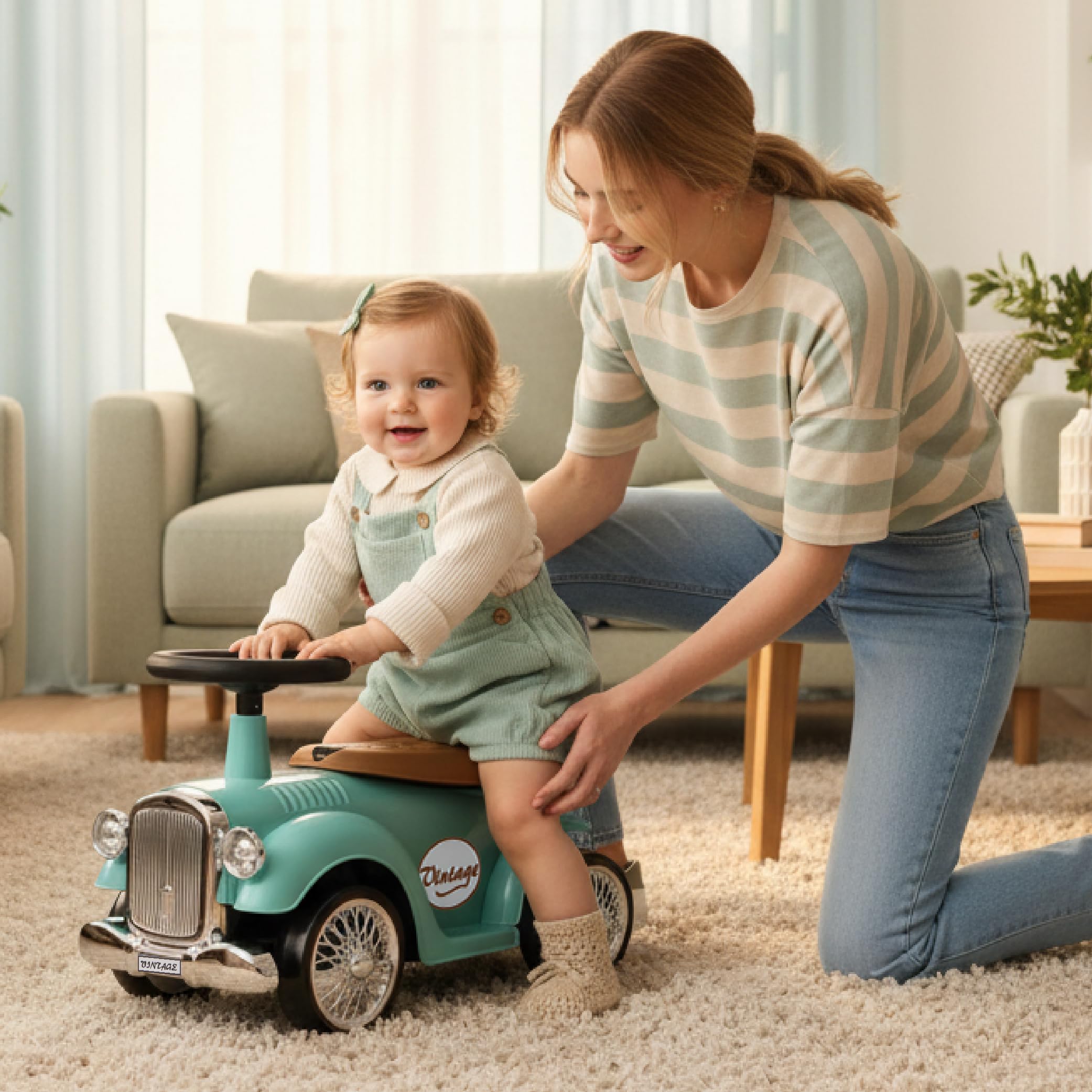 Macchinina bambino 1 anno Retro Classic, macchinina cavalcabile bambino, auto per bambini, aiuto per imparare a camminare con suoni, Volante con clacson (Turchese)