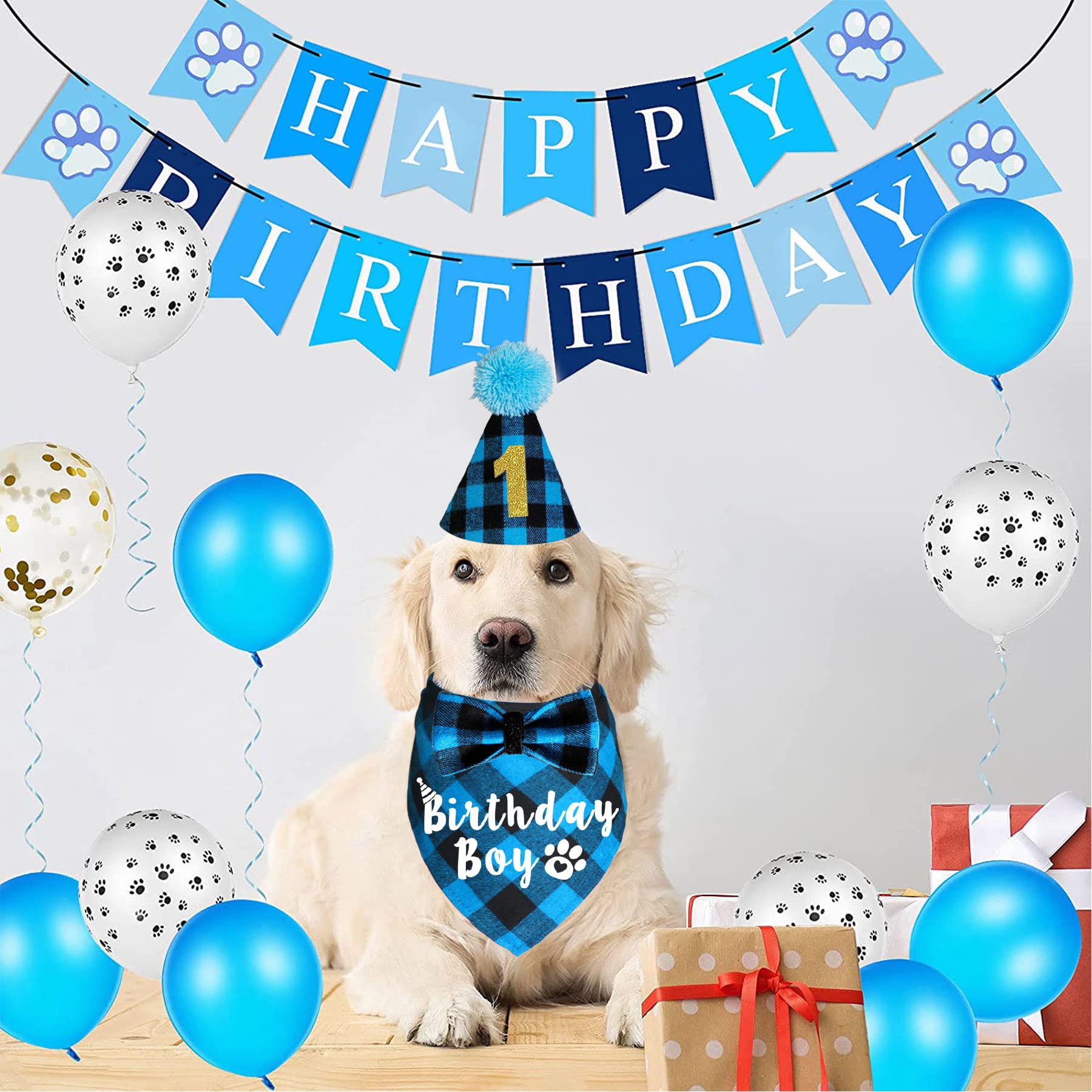 JOTFA Dog Birthday Party Supplies, Plaid Dog Birthday Boy Bandanas With