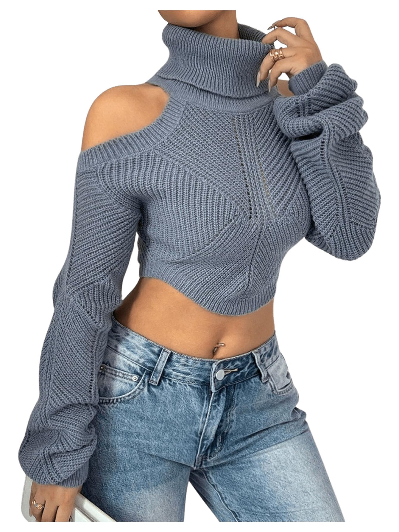 SOLY HUX Sweaters for Women Turtleneck Cold Shoulder Long Sleeve Cropped Pullover Tops Knit Fall Sweater