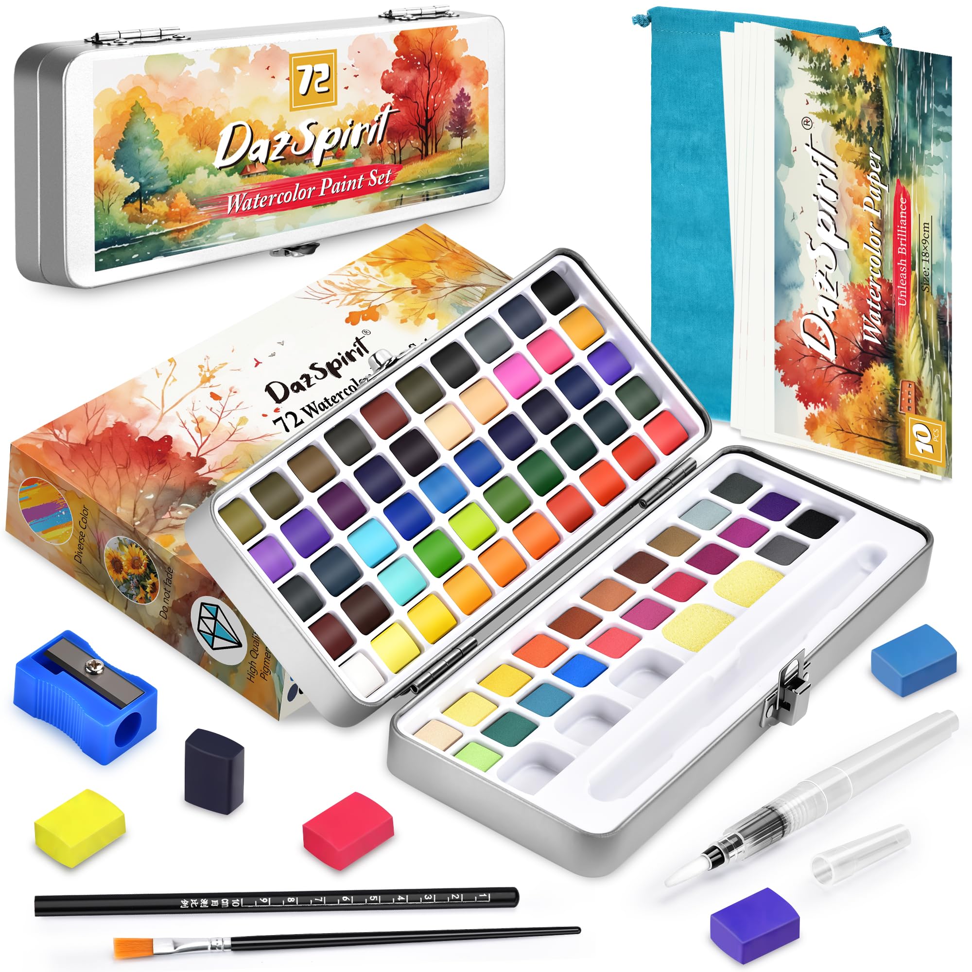 DazSpirit 72 Colores Acuarelas Profesionales, Portátil Kit Acuarelas Para Niños, Artistas, Principiantes, Aficionados, Set Acuarelas Con 10 Acuarelas Bloc De Papel Versátil