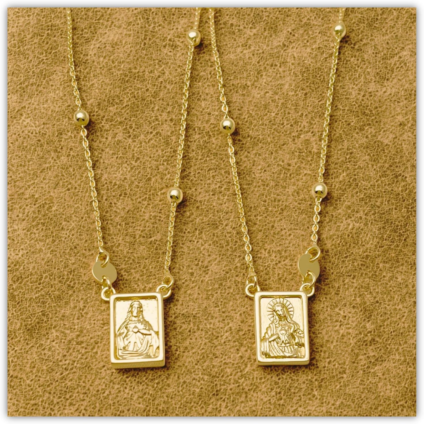Religious Scapular Necklace, Sacred Heart of Jesus and Our Lady of Mount Carmel Medallions, 14k Gold Laminated Brass, 26 Inches
