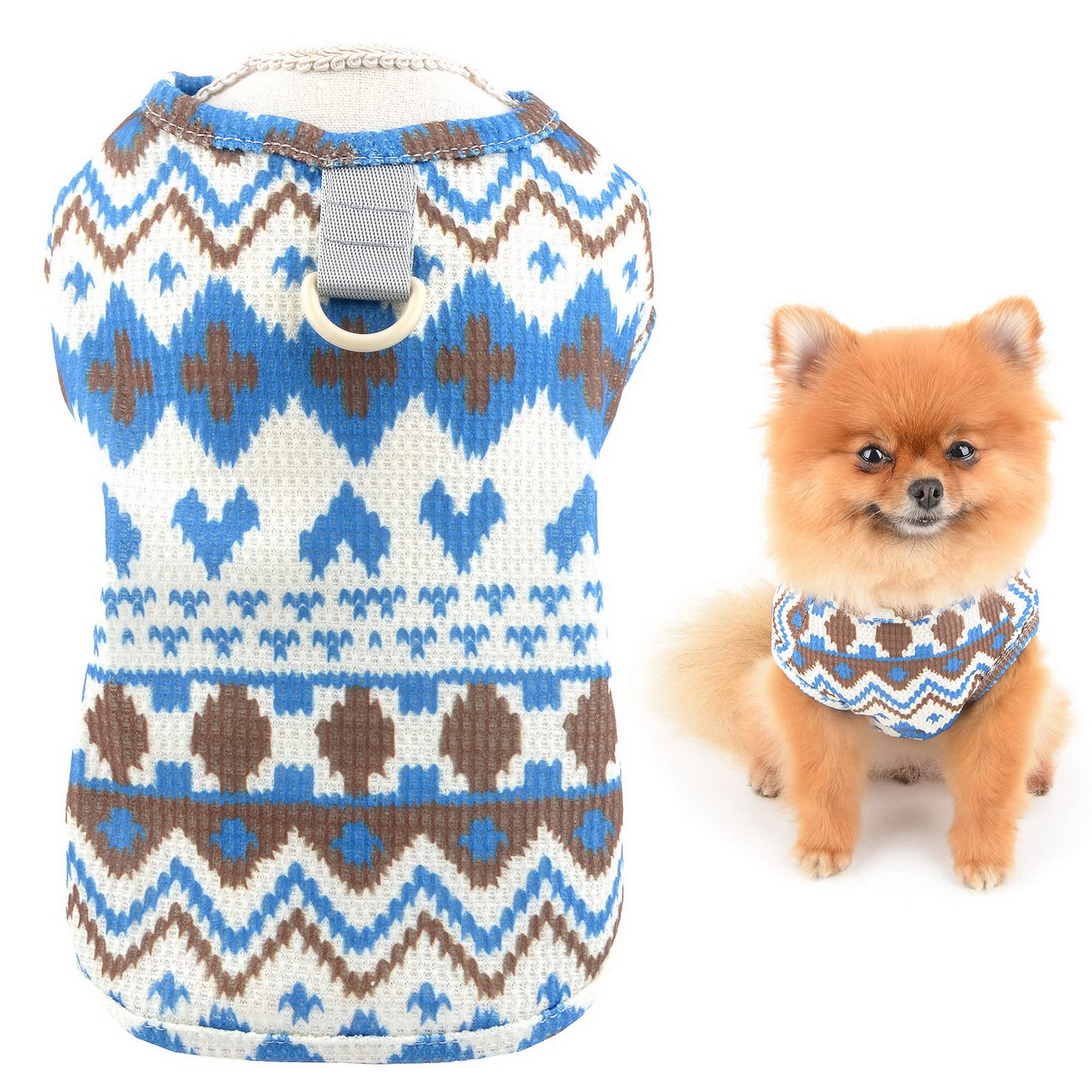 SMALLLEE_Lucky_Store Camiseta de Punto gofre con Estampado de Fair Isle con Anillo en D para Perros pequeños y medianos Gato,Chaleco Yorkie Chihuahua, Ropa de Verano para Mascotas, Azul, L