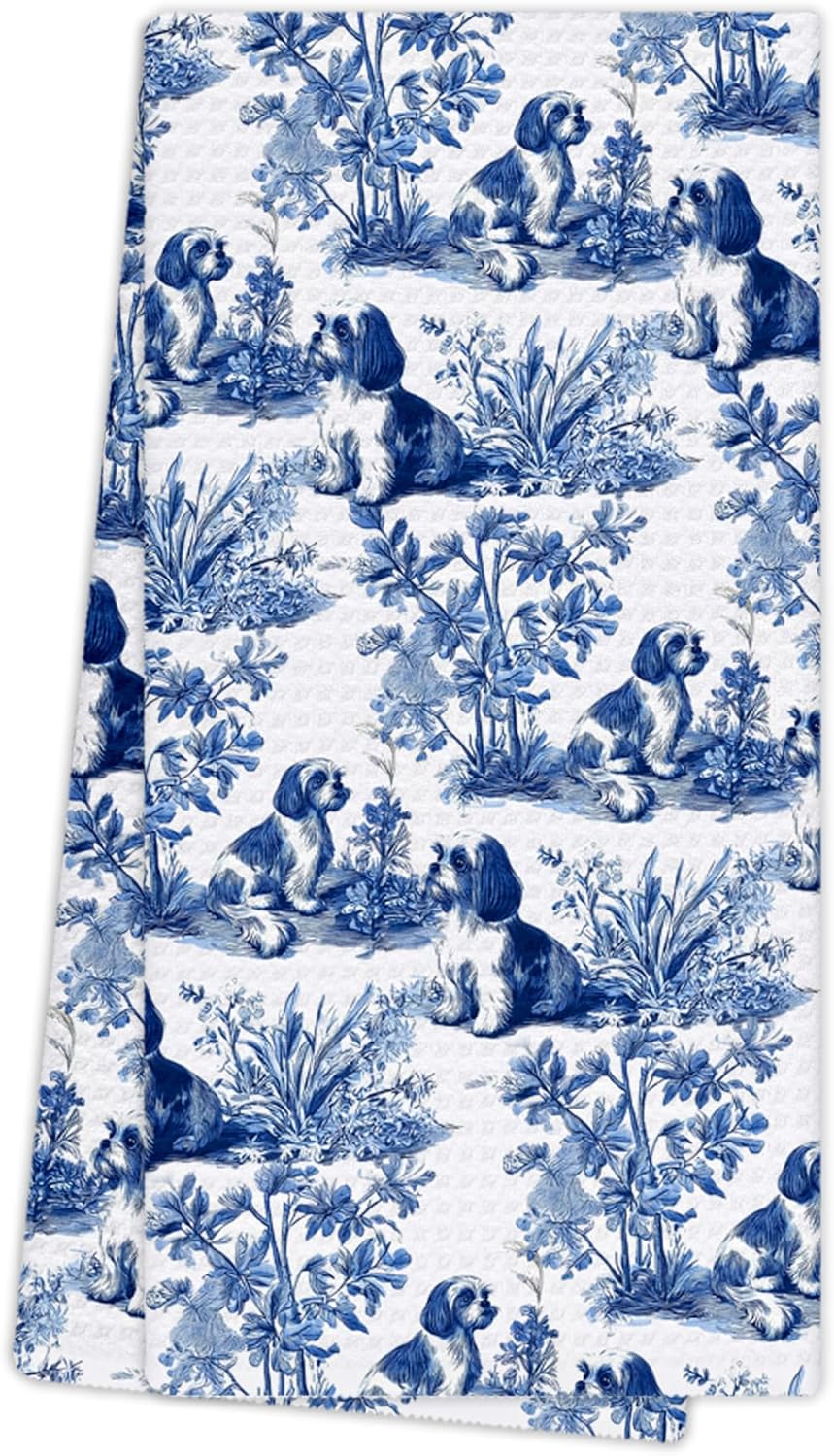 Chinoiserie Shih Tzu Kitchen Towels, Shih Tzu Gifts for Women Hand Towels for Bathroom Decor, Shihtzu Gifts, Blue and White Grandmillennial Dog Dishcloths Dish Towel for Kitchen 16x24 Inches