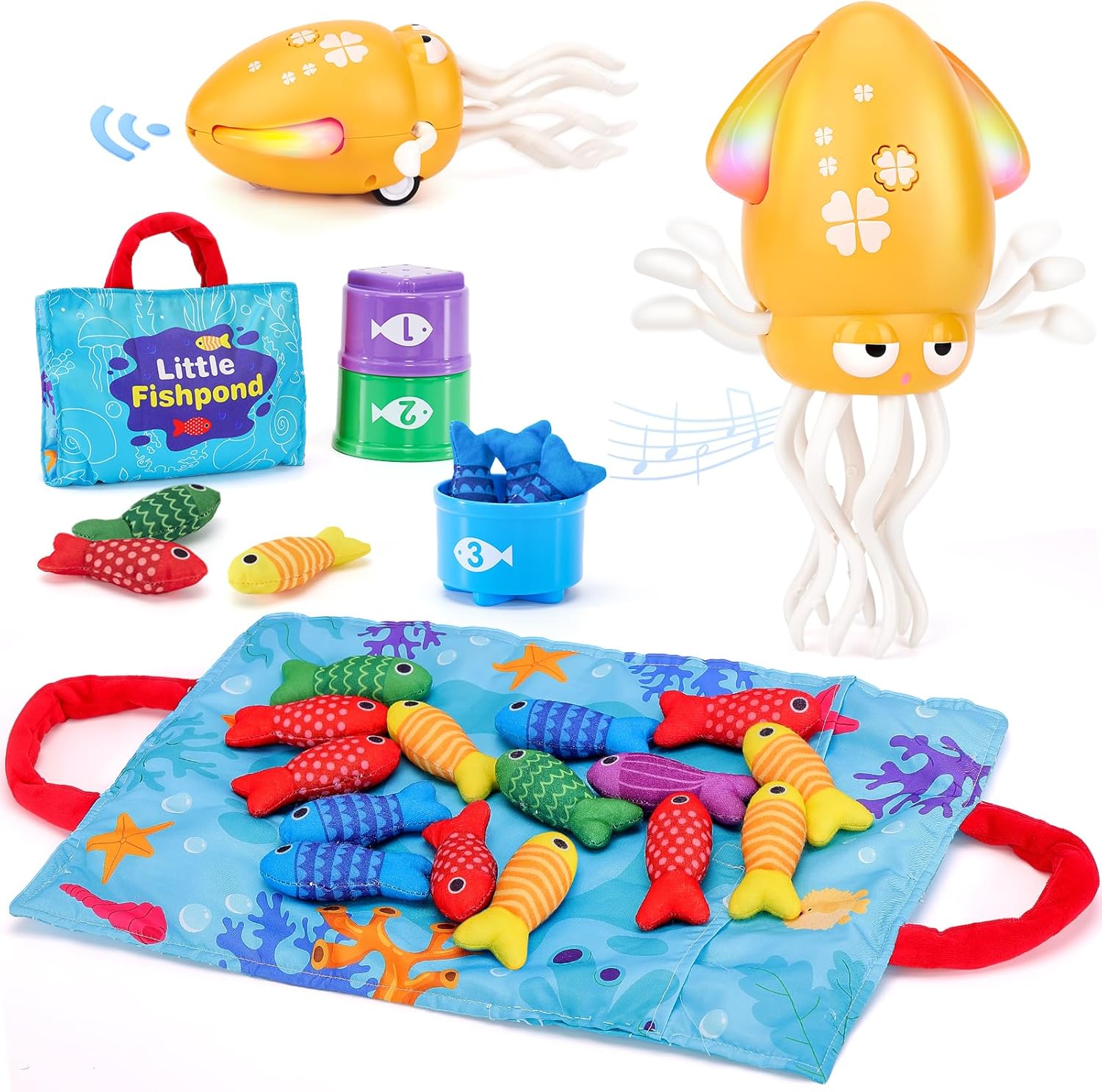 hahaland Musical Dancing Octopus Toys with Crawling and Tummy Time and 10 in 1 Cloth Toddler Fishing Game with Stacking Cups
