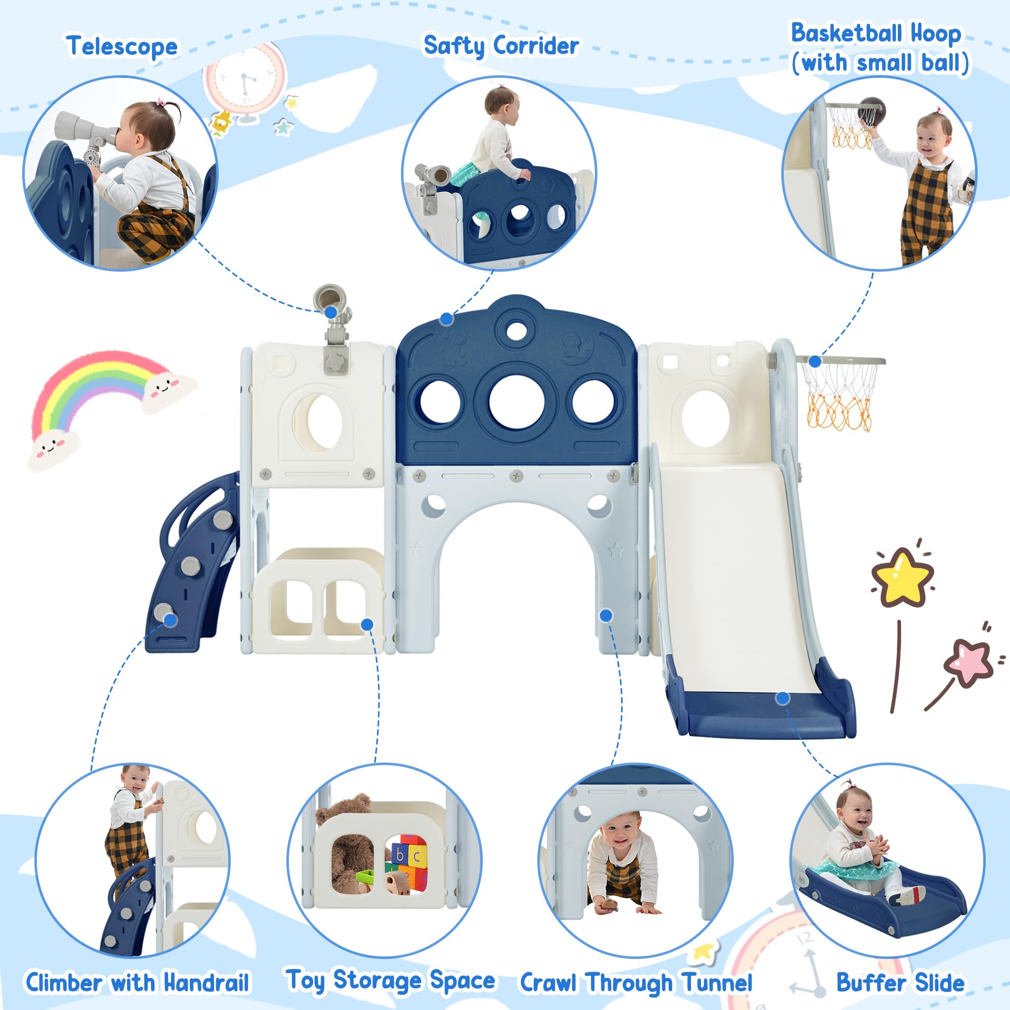 Merax 7-in-1 Toddler Slide & Play Climber With Basketball Hoop & Telescope For Ages 1-3