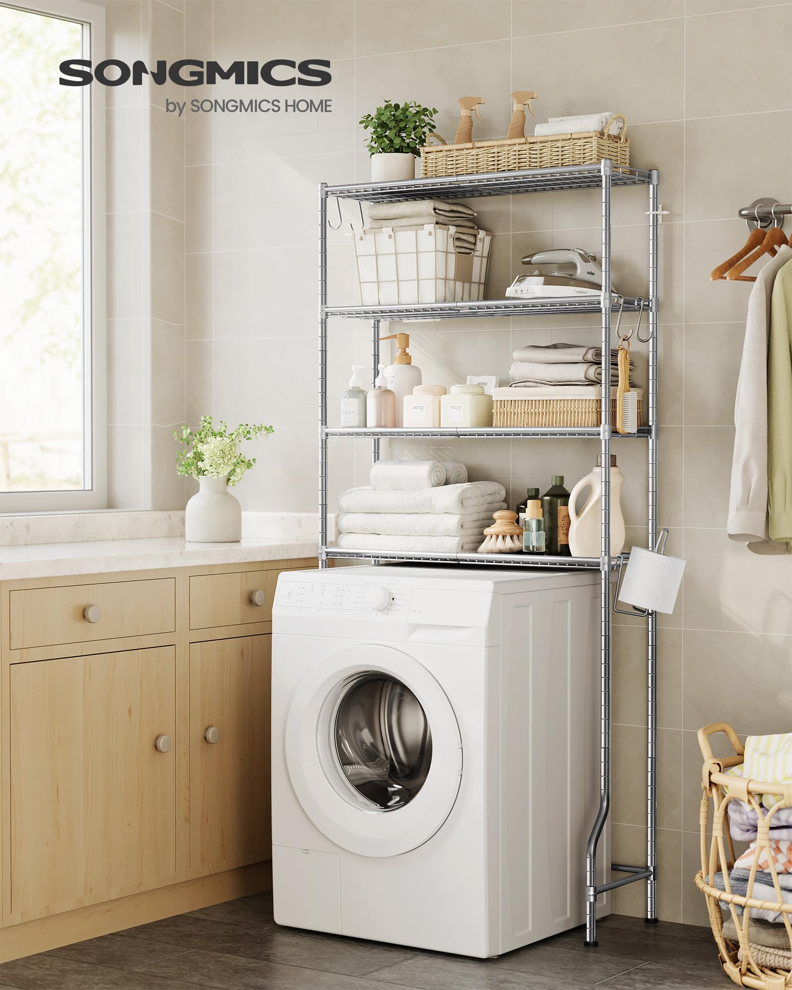 SONGMICS Scaffale sopra WC a 4 Ripiani, Scaffale da Bagno in Metallo, Ripiani Regolabili, con 4 Ganci e Portarotolo, Salvaspazio, 30 x 83 x 176 cm, Grigio Tortora BTS023G01