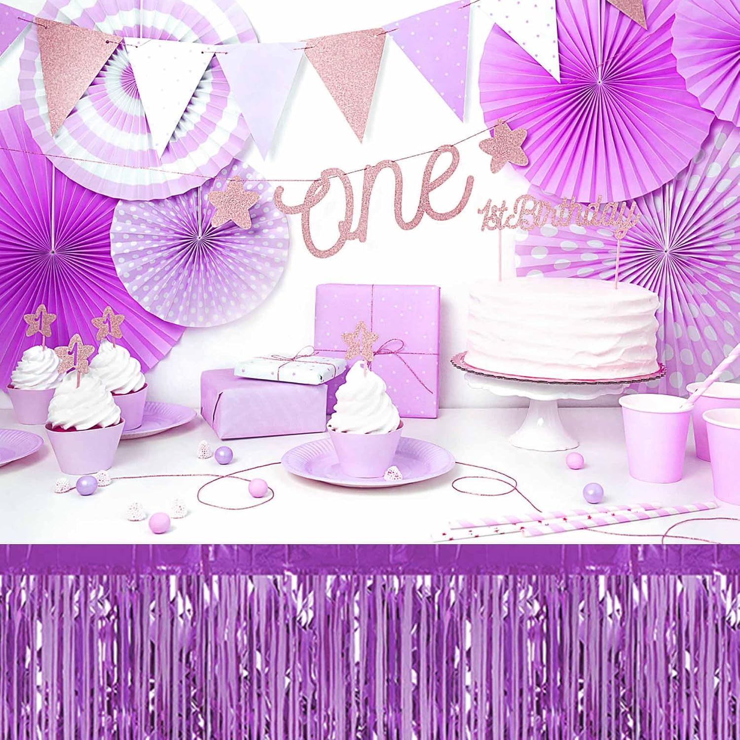 3 Pack Light Purple Foil Fringe Table Skirts Metallic Tinsel Streamers Garland Banner Backdrop for Table Decor, Parade Float, Birthday, Wedding, Halloween, Christmas Party Decorations(29x108 In) image 5