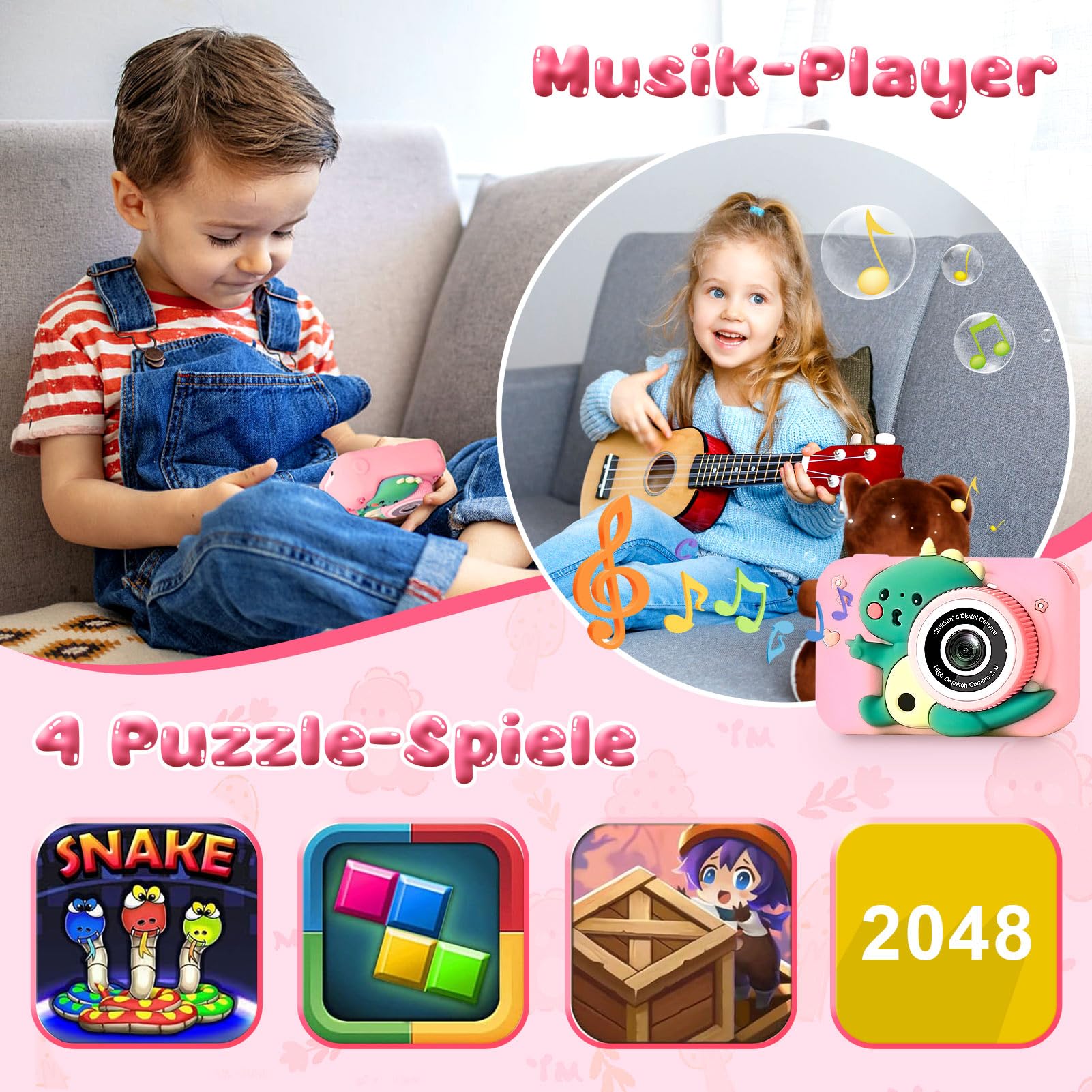 MILFECH 1080P HD 2,0-Zoll-Bildschirm Digitalkamera Kinder mit Selfie Video Kamera 32GB-Karte für 3-12 Jahre Jungen Mädchen Spielzeug Dinosaurier Fotoapparat Rosa