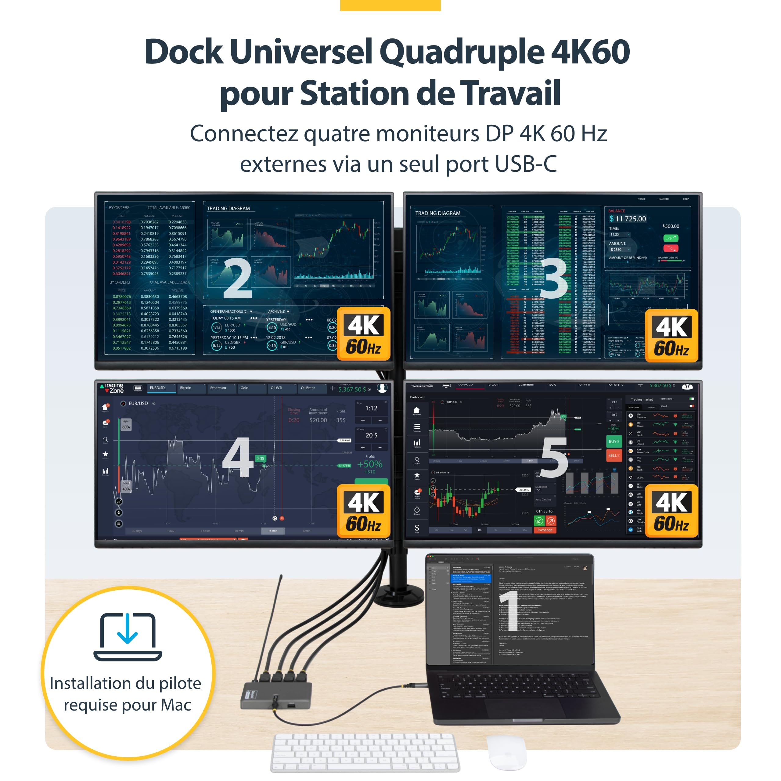StarTech Dock USB-C vers 4 DisplayPort, Station de Travail, 4K 60Hz, 120Hz | Station d'accueil dock, PD 140W passthrough, DisplayLink DL7400, USB4, Thunderbolt, Mac M1 à M5