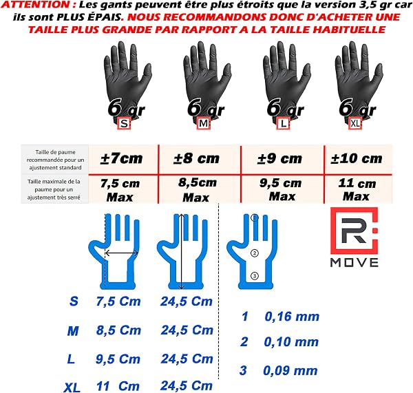 R MOVE Lot de 100 gants en nitrile noirs 6 grammes extra résistants 60% d'épaisseur de plus au doigt que 3,5 g, sans poudre sans latex pour mécaniques, tatoueurs, restauration, gants jetables (XL) - 3