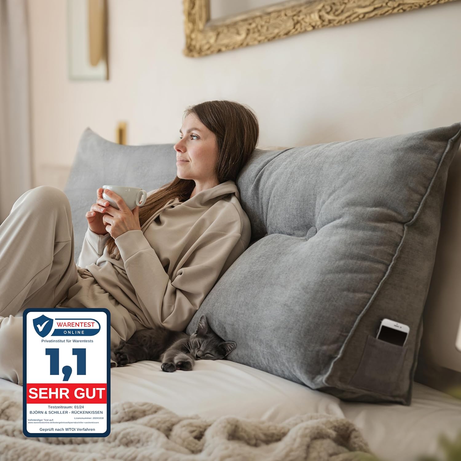 Lesekissen XXL 85x60cm - Mit Armlehnen & Seitentasche Für Bett & Sofa