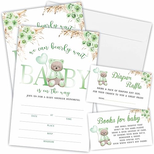 Juego de 25 invitaciones para baby shower con sobres, boletos para rifas de pañales y tarjetas de solicitud de libro de baby shower, fiesta temática