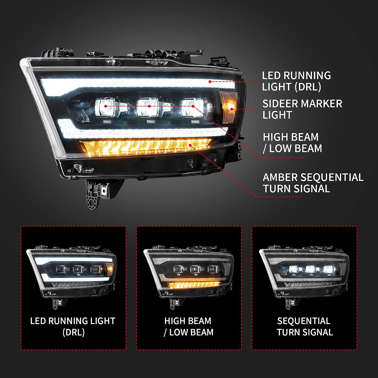 YUANZHENG Sequential Signal LED HeadLights Compatible for DODGE RAM 1500 (Tradesman, Bighorn, Laramie Rebel) 2019-2020 With Clear Reflectors, Not fit RAM 1500 Classic & Old Body/TRX/Halogen Factory