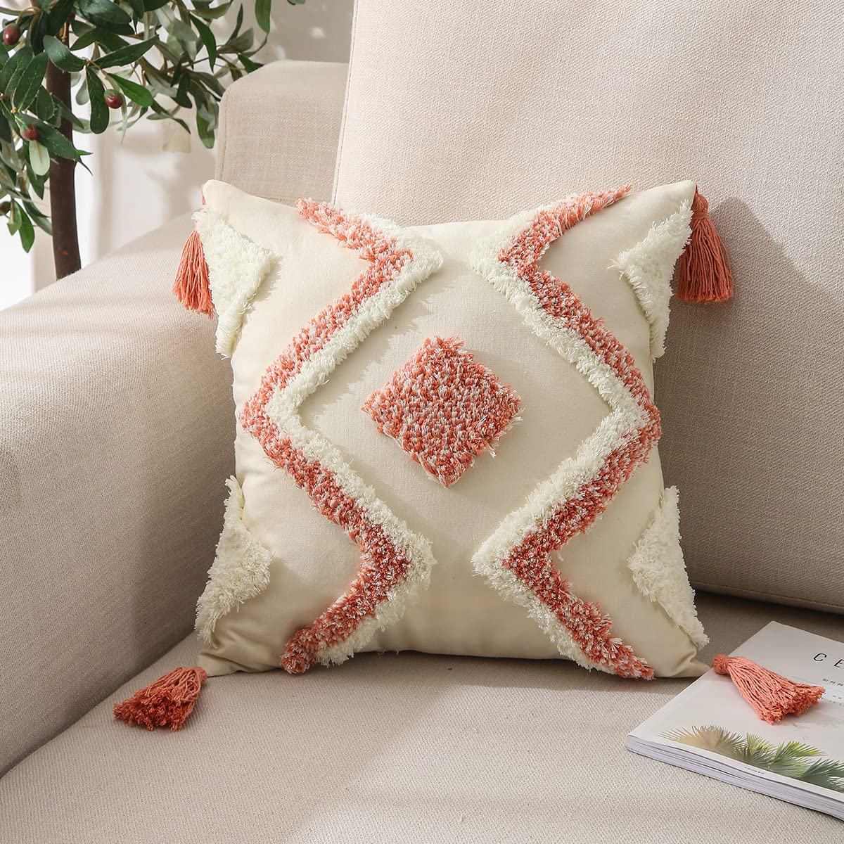 Boho Tufted Throw Pillow Covers 18x18 Inch Set of 2 Decorative Square Pillow Cases