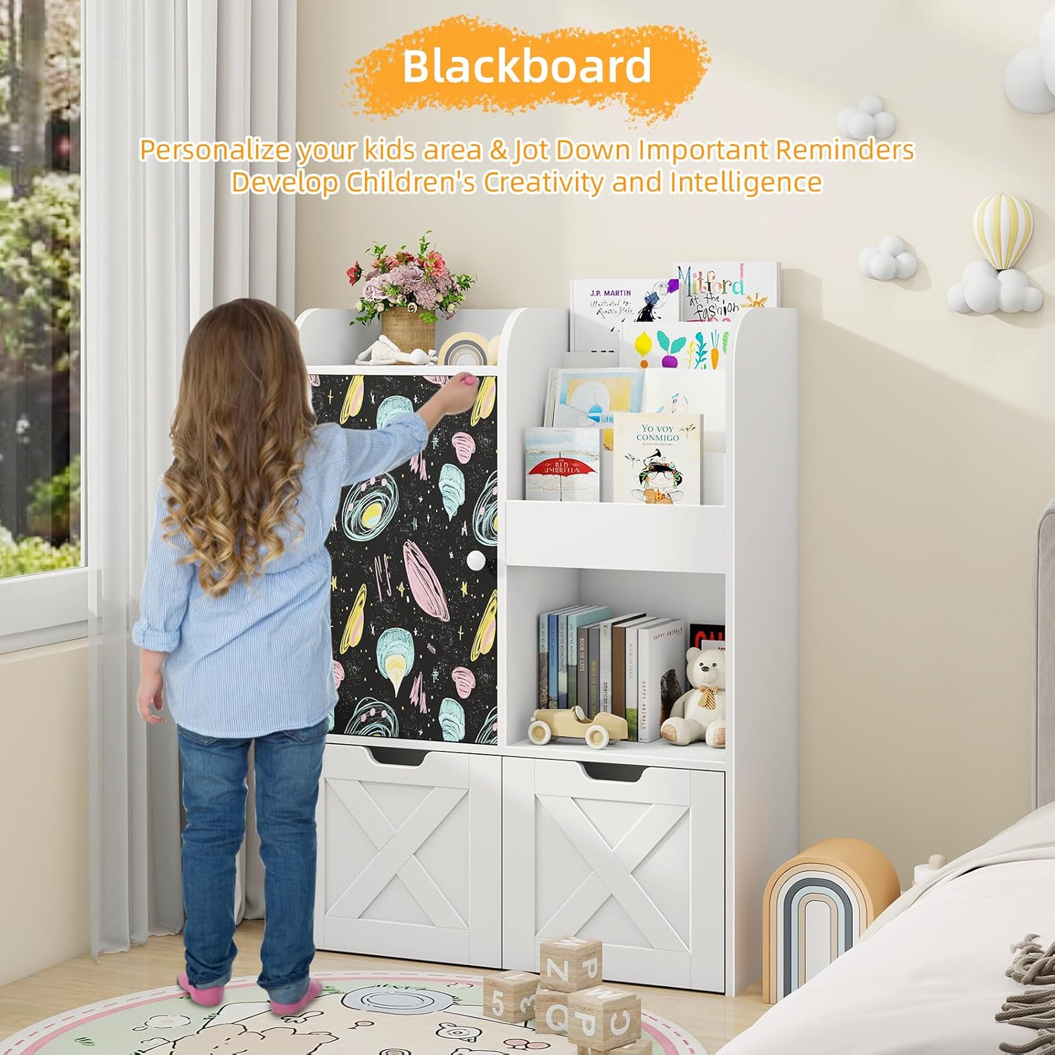 Toy Storage Organizer with Reading Nook, Wooden Kids Bookshelf with 2 Movable Drawers and Chalkboard, Multi-functional Toy Chest Shelf Organizer with Hidden Wheels for Playroom, Kids Room, White