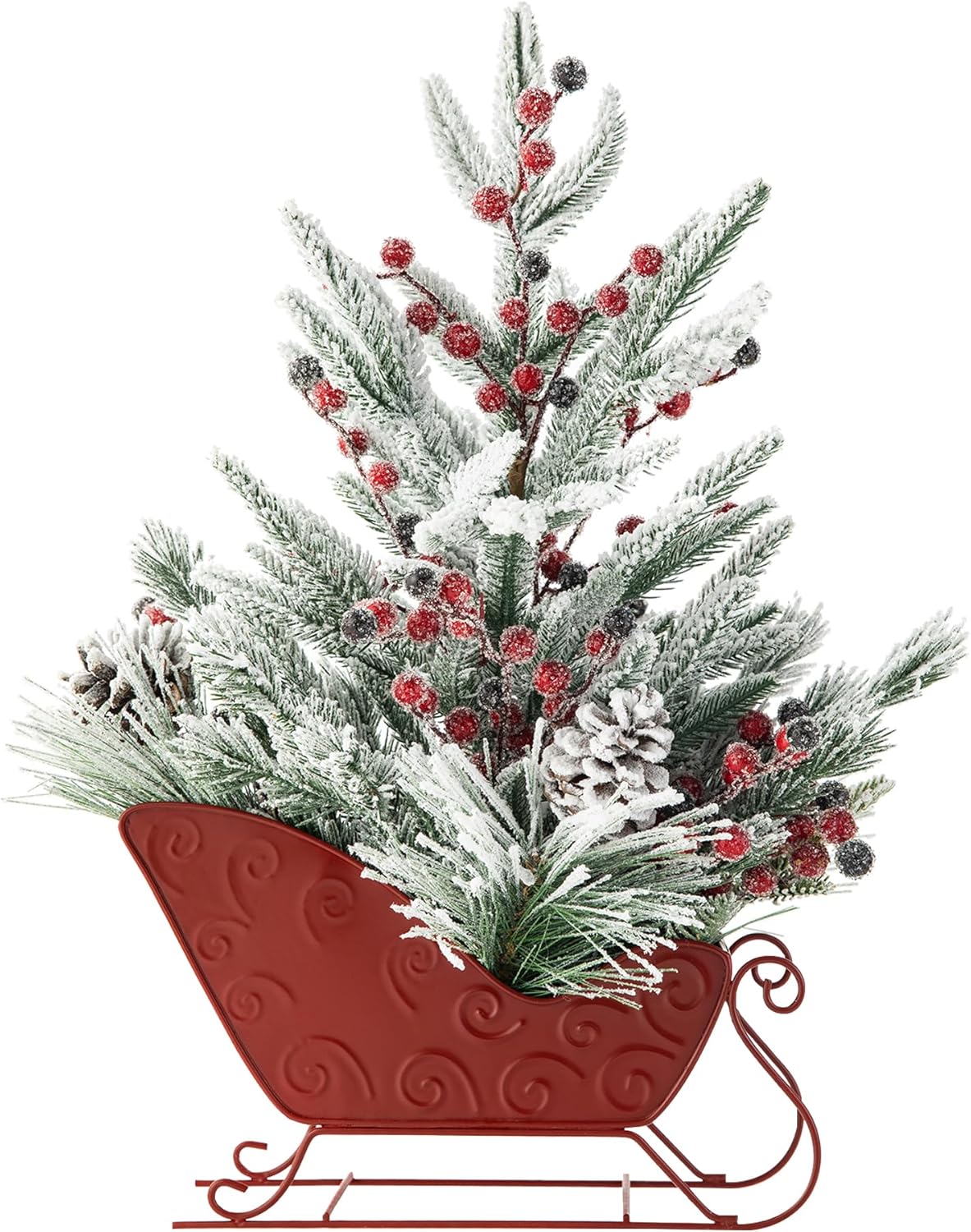 Glitzhome 21" H Small Sleigh Christmas Tree, Artificial Mini Tabletop Xmas Tree Decorations with Berry Pinecone Ornaments, for Home Office Indoor Holiday Party Decor, Red