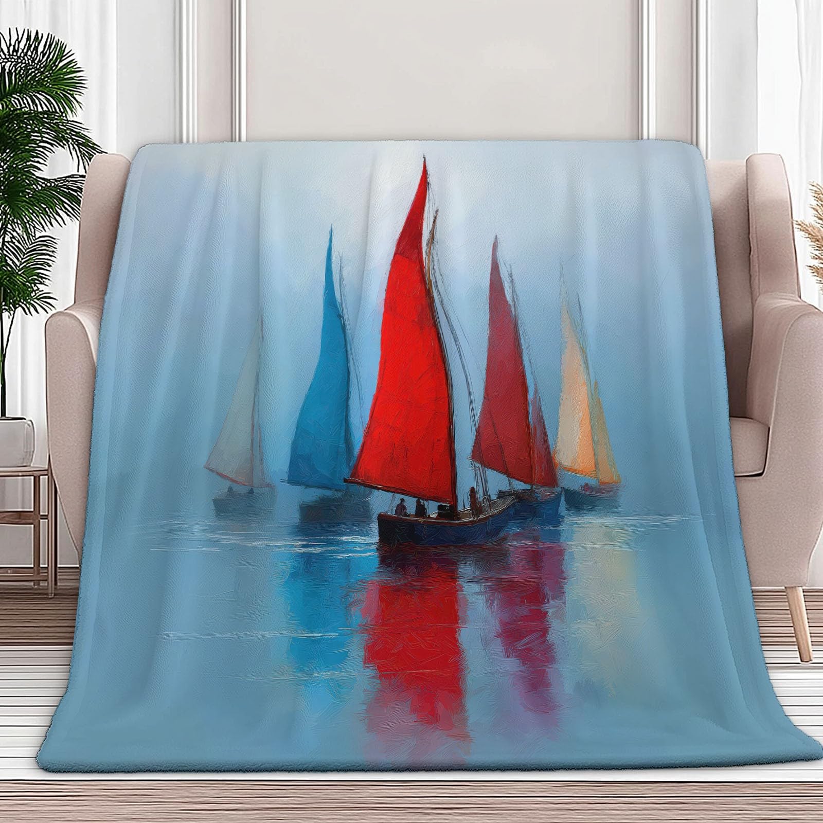 Plaid polaire couverture lit 180x220cm peinture abstraite voilier