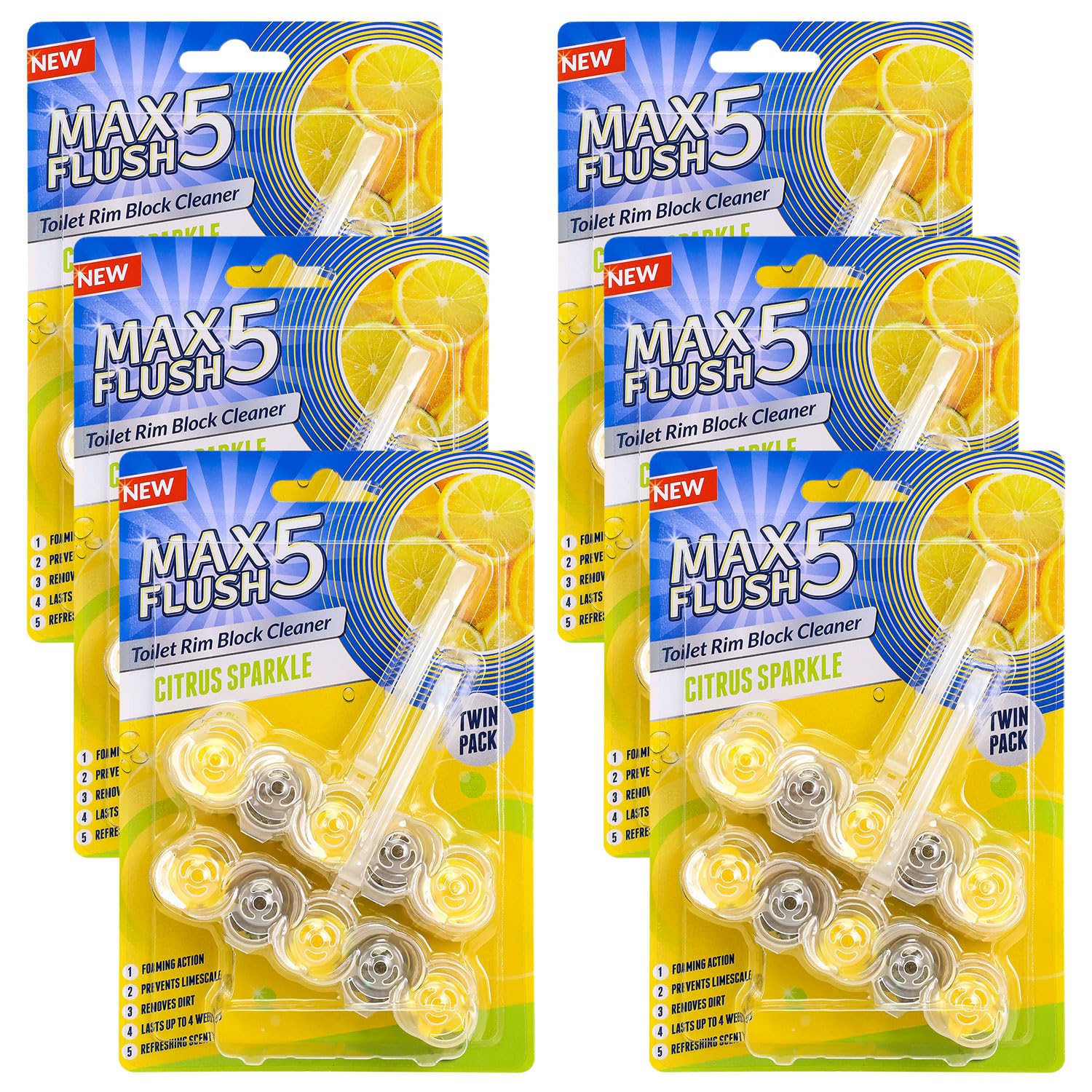6 Pack Max Flush 5 Citrus Sparkle Toilet Rim Block Cleaner (Twin Pack), Clear Water Toilet Rim Block with Anti-Limescale, Cleaning Foam, Dirt Protection and Extra Freshness