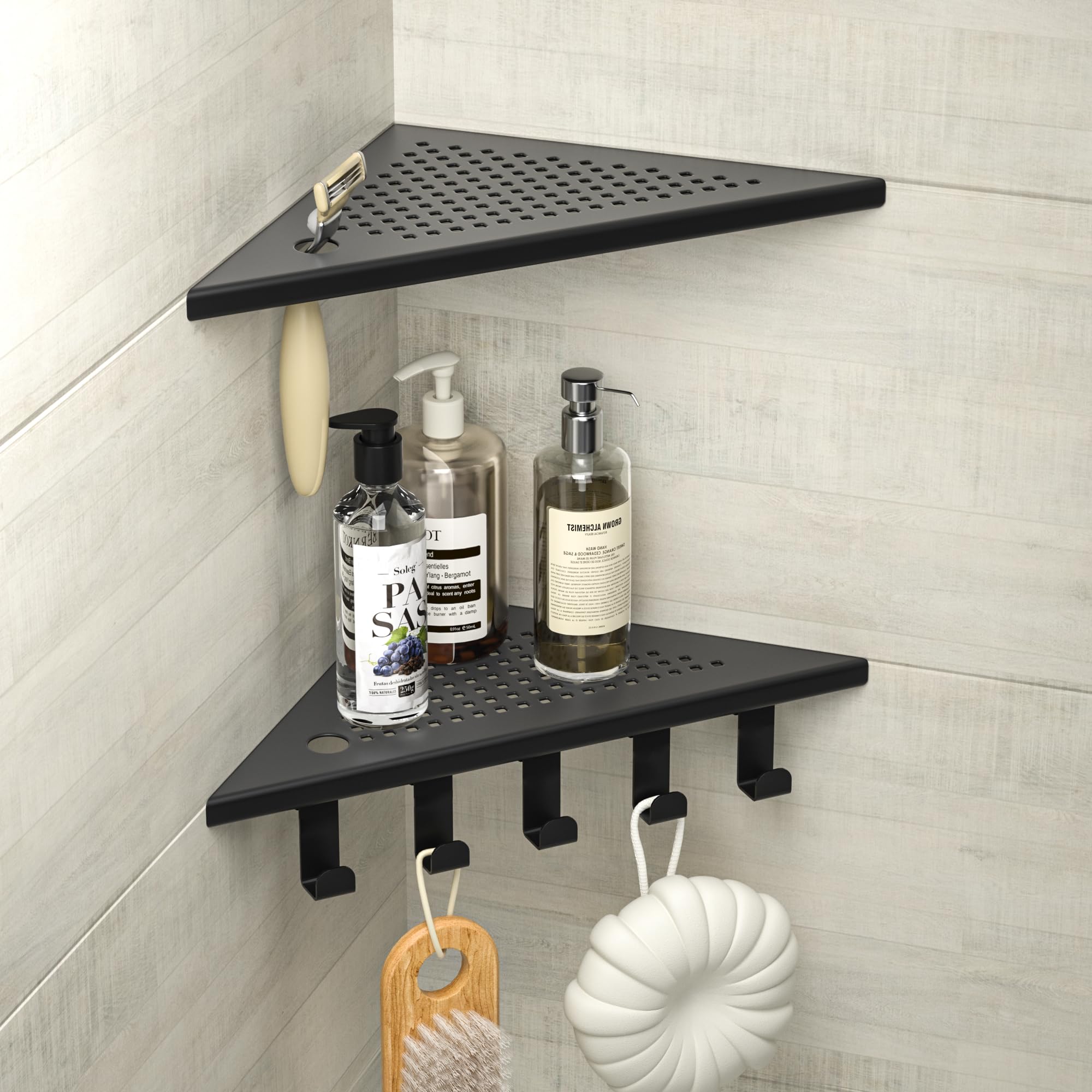 Etagere Doccia Angolare Set di 2 mensole doccia in acciaio inox 304, angolo bagno con ganci, 254 mm, per pareti piastrellate, nero