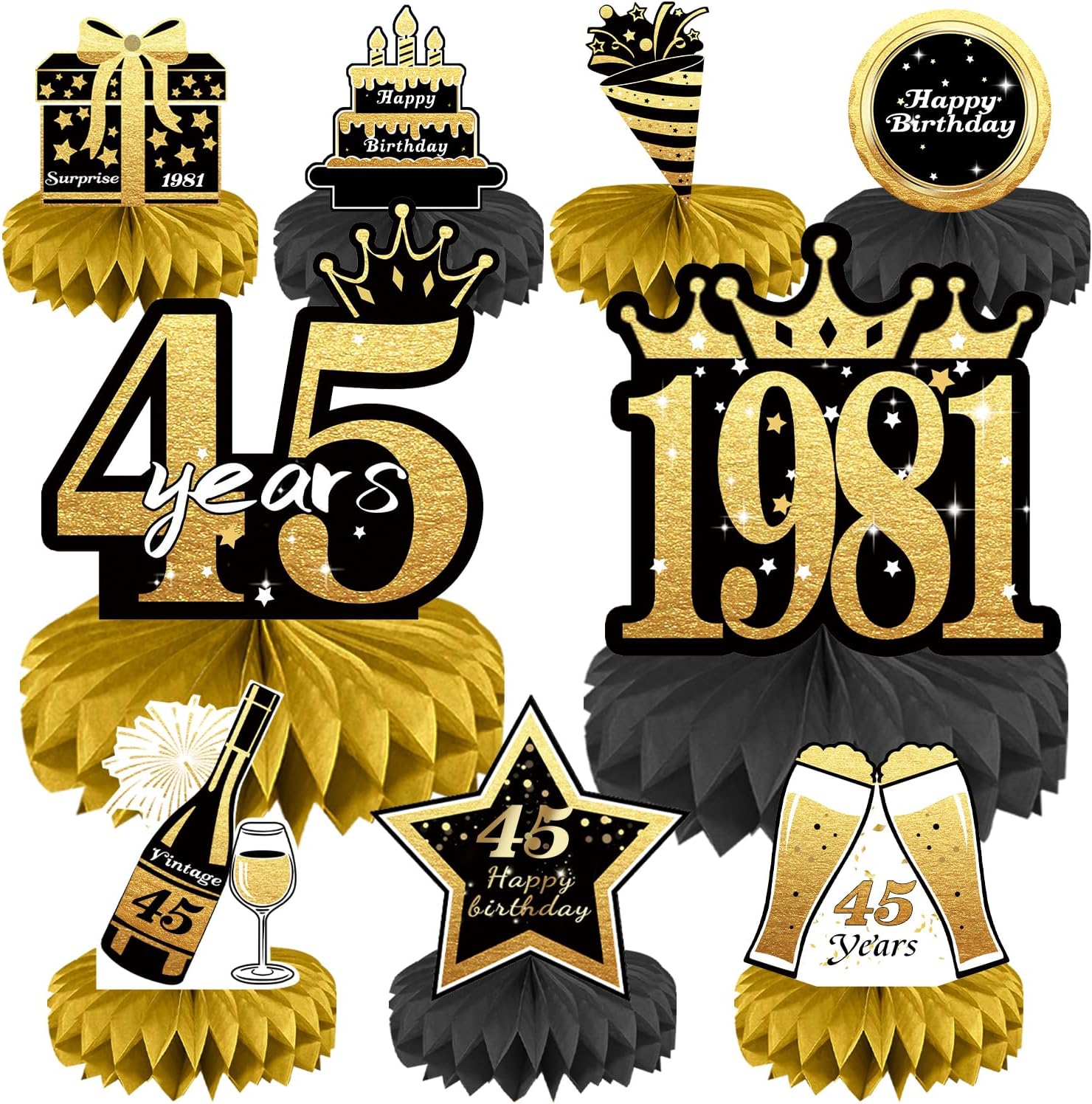 45th Birthday Decorations Set, 1981 Table Toppers for Women Men Birthday Party Supplies, Happy 45 Year Old Table Decoration for Her Him, 9Pcs Black & Gold Honeycomb Centerpieces