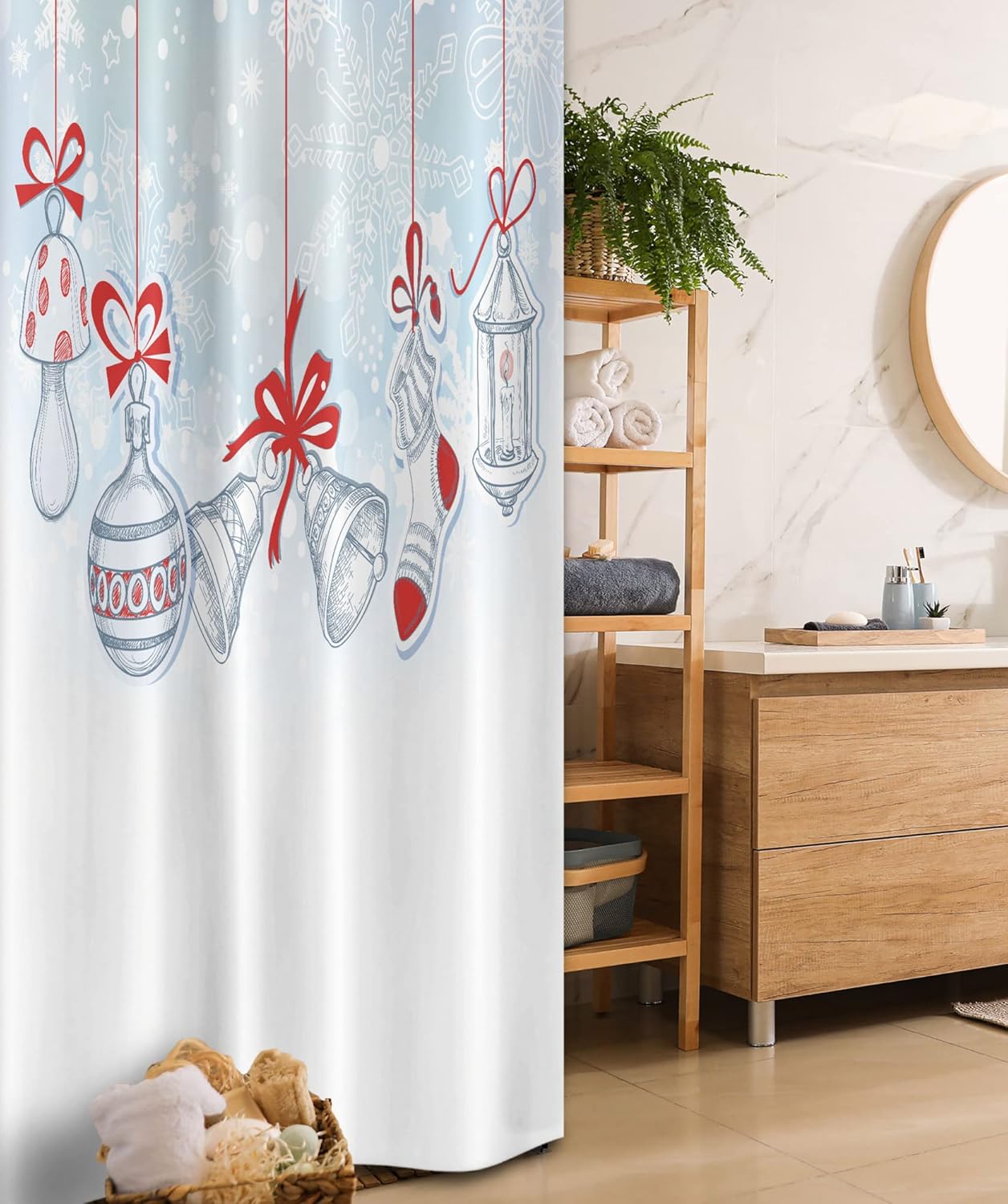 Ambesonne Christmas Stall Shower Curtain, Retro Style Famous Socks for Toy and Candy Bells and Snowflake Graphic, Fabric Bathroom Decor Set with Hooks, 36" W x 72" L, White and Orange