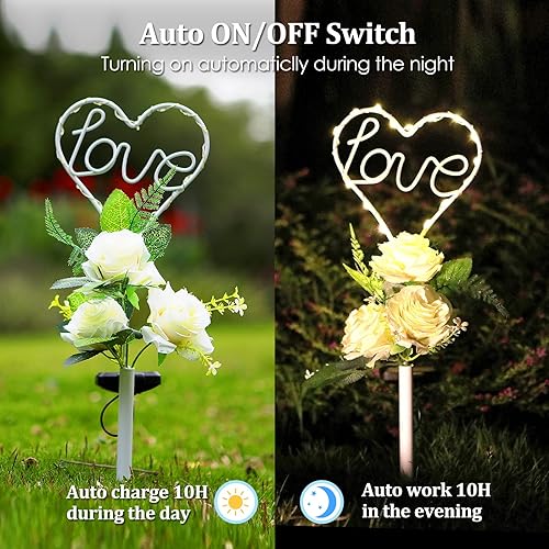 Miniatura 5 de Joyathome Luces solares de 16 pulgadas con 3 flores artificiales, arte de jardín de metal para patio, césped, jardín, decoración solar al aire libre