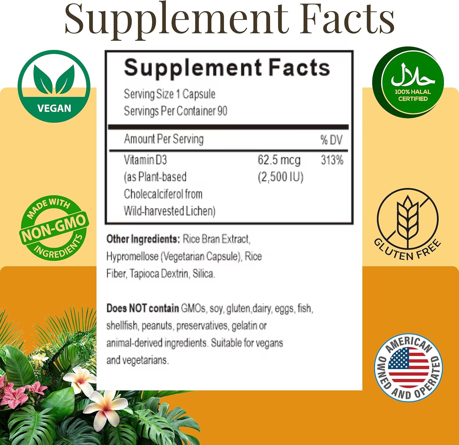 Halal Vitamin D, Vitamin D3, 2,500 IU Capsules, Supports Bone, Immune & Heart Health, Vegan, Non-GMO, Gluten Free and Halal (90 Count) - Image 2