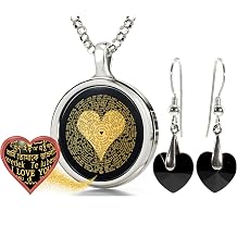 NanoStyle I Love You Necklace Pure Gold Inscribed in 120 Languages in Miniature Text on Onyx Gemstone Birthday Gift Pendant and Black Crystal Heart Drop Earrings Jewelry Set for Women, 18" Rolo Chain