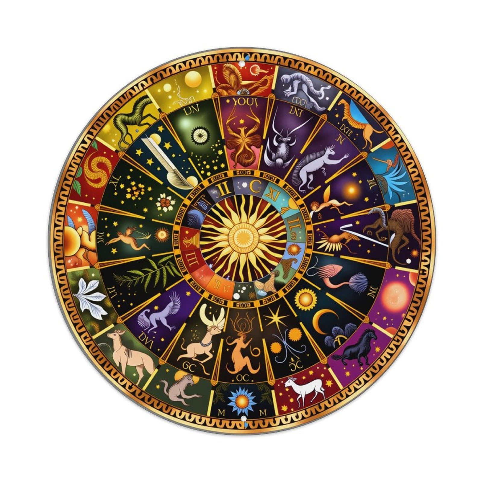 Zodiac Signs Celestial Symbols Astrological Wheel Round Tin Sign Vintage Metal Sign Home Bar Garden Wall Decor Metal Poster 8x8 Inch