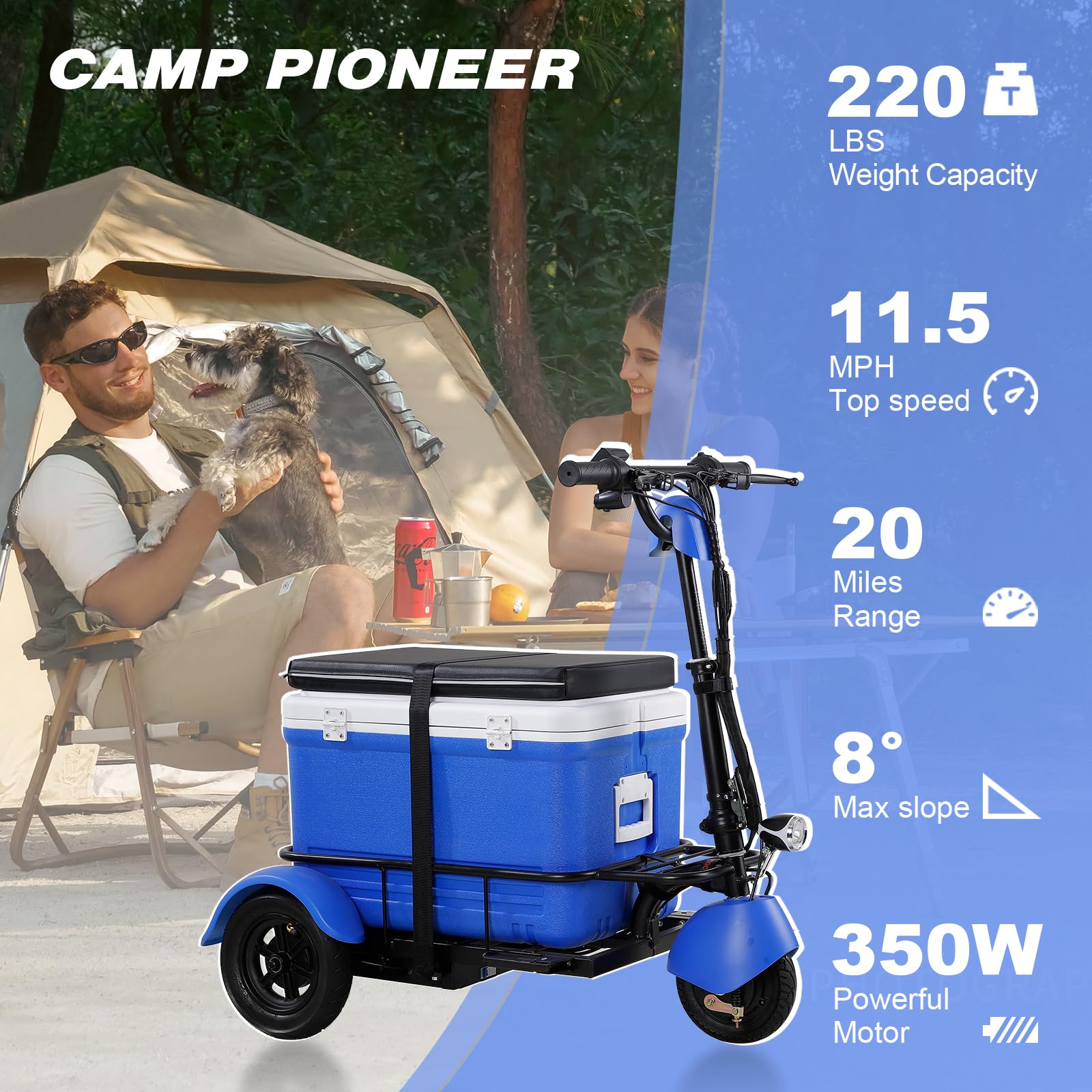 A 3-Wheel Motorized Scooter Suitable for The Elderly, Adult 350 watt 3-Speed Travel, Long-Distance Electric Battery Powered Scooter, Medical Mobility, Weight Capacity 220 pounds, Adjustable Seats