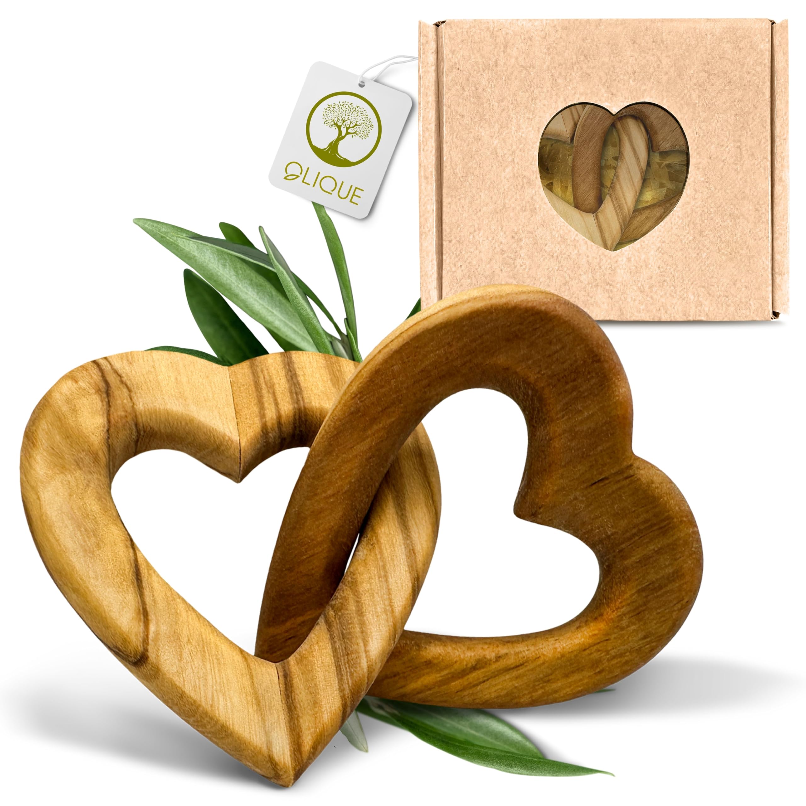 Cuori in legno, legno d'ulivo - Cuori collegati come regalo personalizzato (15 cm)