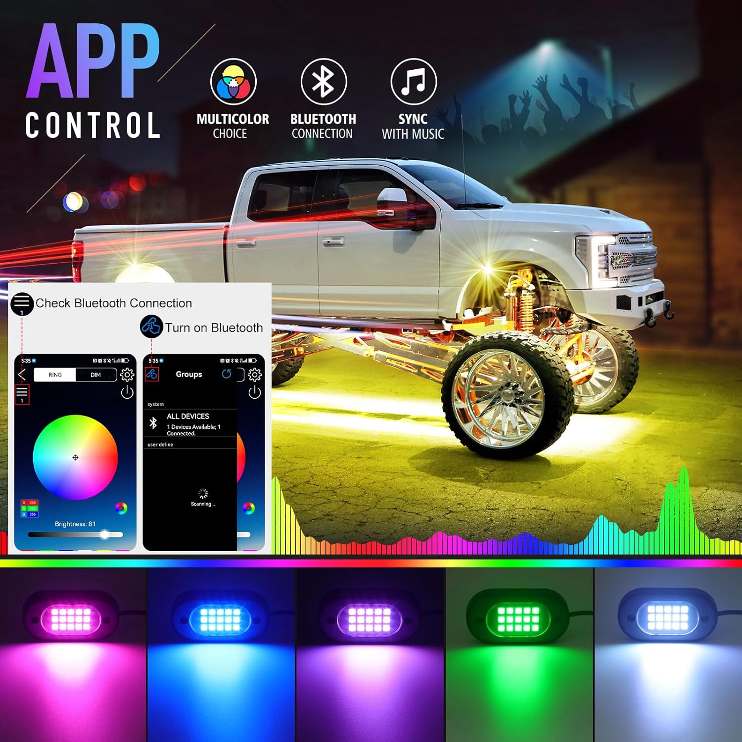 Honalia LED Rock Lights for Trucks 8 Pods, RGB Truck Rock Lights with APP Control, Neon Light Kits for UTV ATV RZR Golf Cart