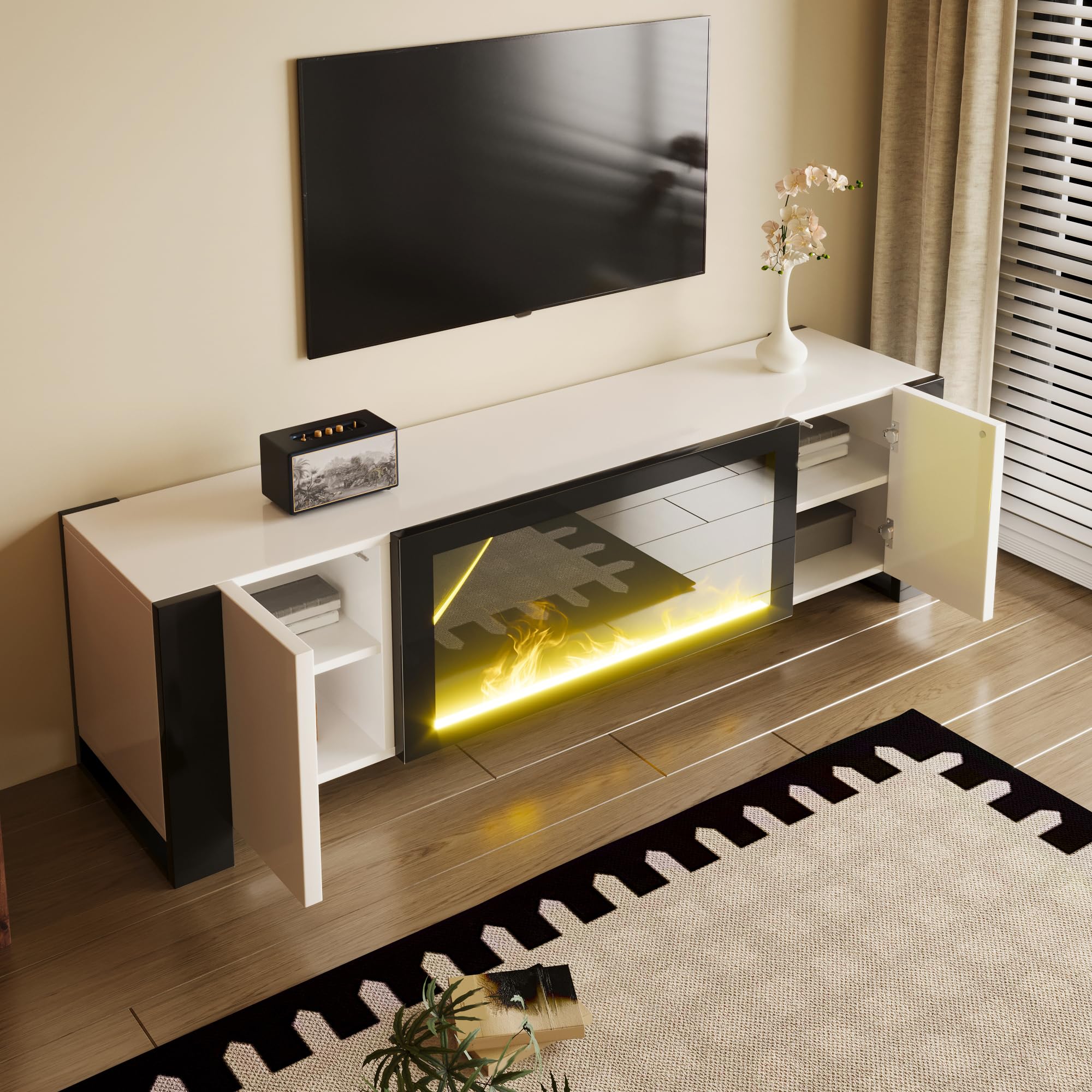 Homgoday Soporte para TV con Chimenea Eléctrica Decorativa, Mueble para TV de 2 Puertas con Estantes, Diseño Moderno Blanco de Alto Brillo con Patas Negras, para Salón y Entretenimiento