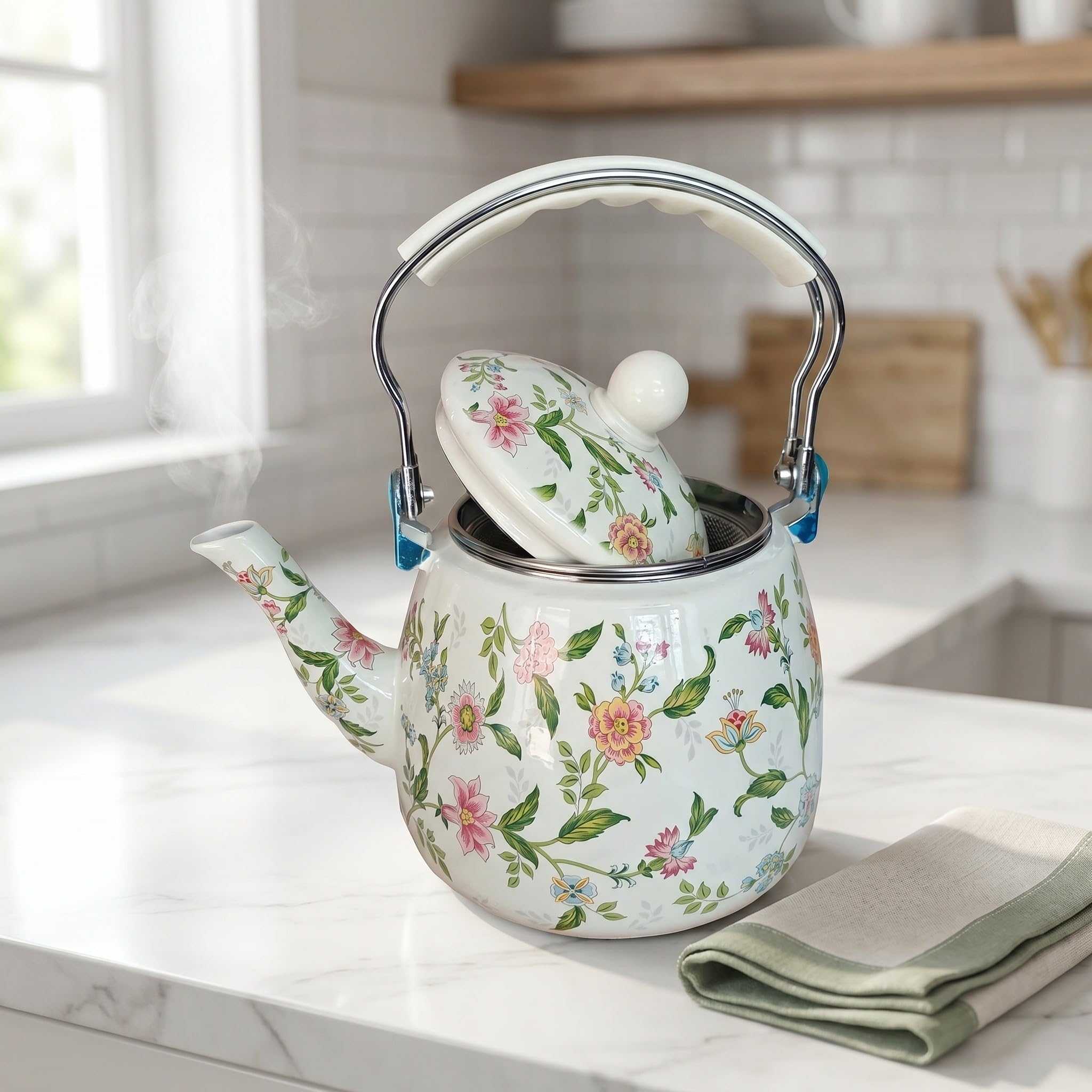 ibasenice Tetera Esmaltada de 3.3l con Filtro de Acero Inoxidable Extraíble y Pared Interior Gruesa Distribución de Calor Mejorada, Adecuado para Preparar Té en Mesa Pequeña