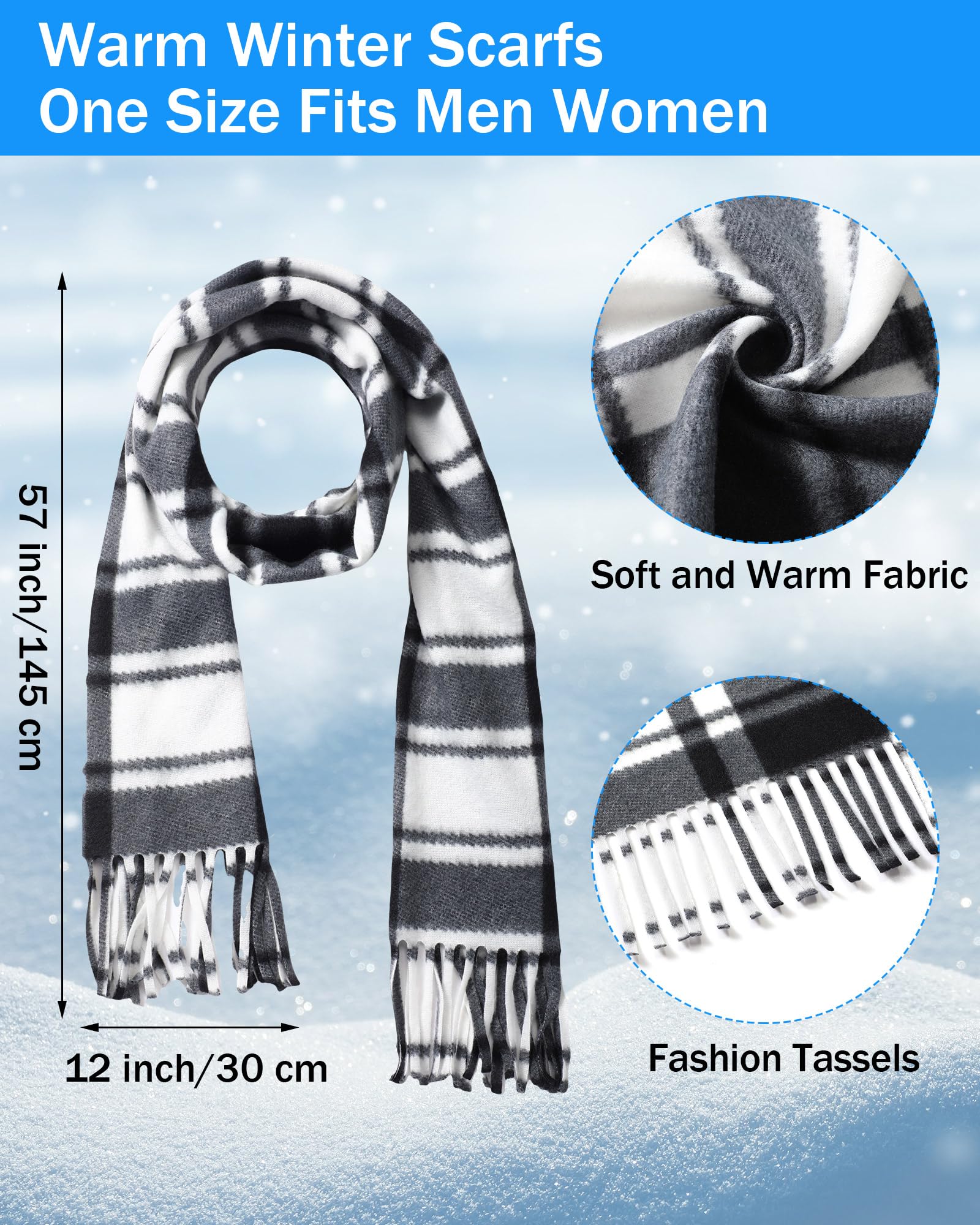 Paquete de 20 bufandas de invierno a granel unisex a cuadros, bufanda de cuello de invierno de punto de forro polar cálido, bufandas largas multicolor para mujeres y hombres, 57 x 12 pulgadas 2