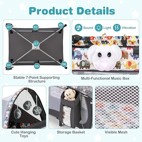 Miniatura 3 de HONEY JOY Pack and Play, corralito portátil 4 en 1 con moisés, cambiador, rueda con bloqueo, música, centro plegable de viaje para cuna de bebé