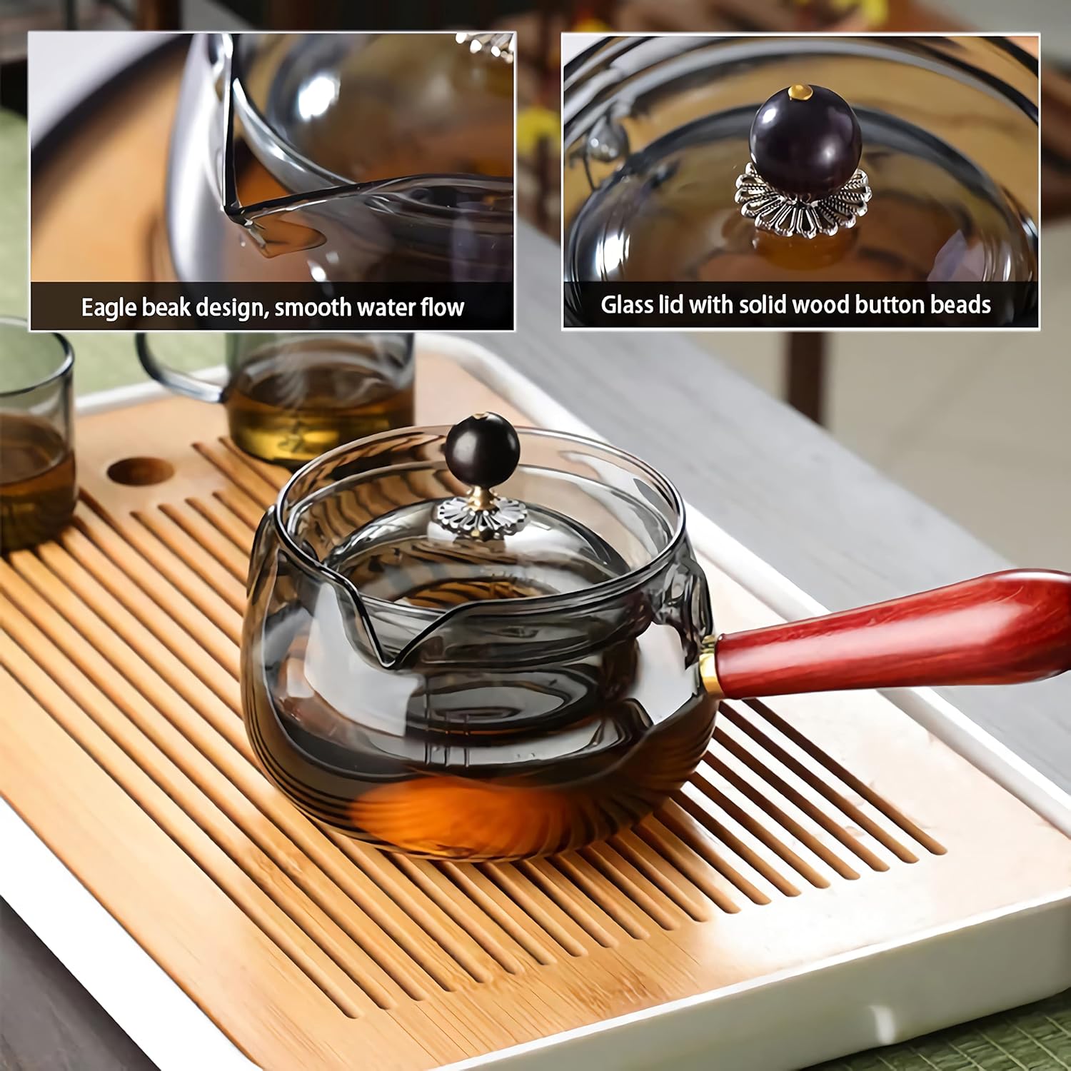 Glass pot, 16.9oz/500ml,Gongfu Teapot with 360 Rotation Tea Maker, Stove safet Removable filter liner, Suitable for scattered leaves and blooming teapots (Smoke grey)