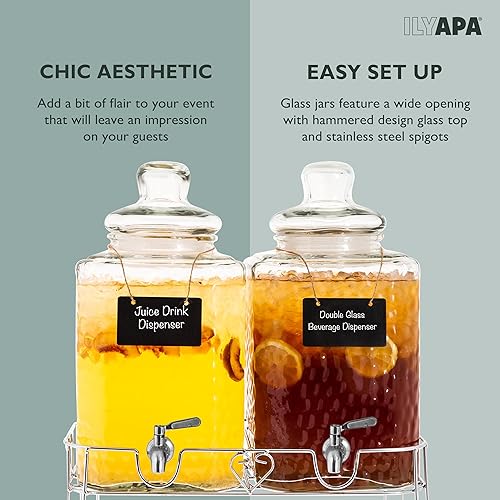 Miniatura 4 de Ilyapa Dispensador de bebidas de doble vidrio con soporte, dispensadores grandes de bebidas de 2 galones para agua helada, limonada, jugo, sangría,