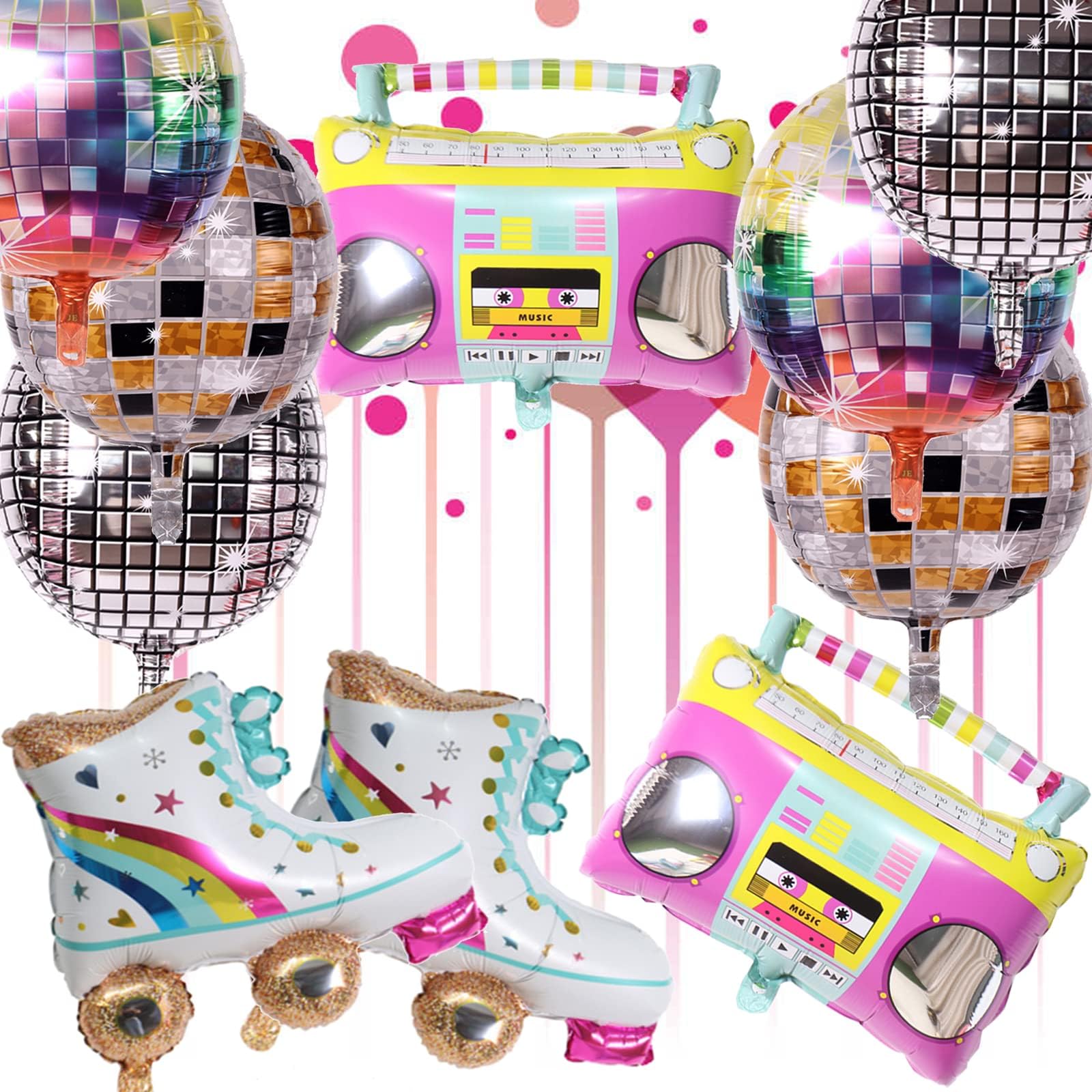 10 PCS Rainbow Roller Skate Balloons Boom Box Balloon,22 Inch Round Color Foil Balloons, 4D Laser Disco Foil Balloons 80s 90s Retro Theme Hip Hop Disco Fever Birthday Party Balloon Decor