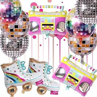 10 PCS Rainbow Roller Skate Balloons Boom Box Balloon,22 Inch Round Color Foil Balloons, 4D Laser Disco Foil Balloons 80s 90s Retro Theme Hip Hop Disco Fever Birthday Party Balloon Decor