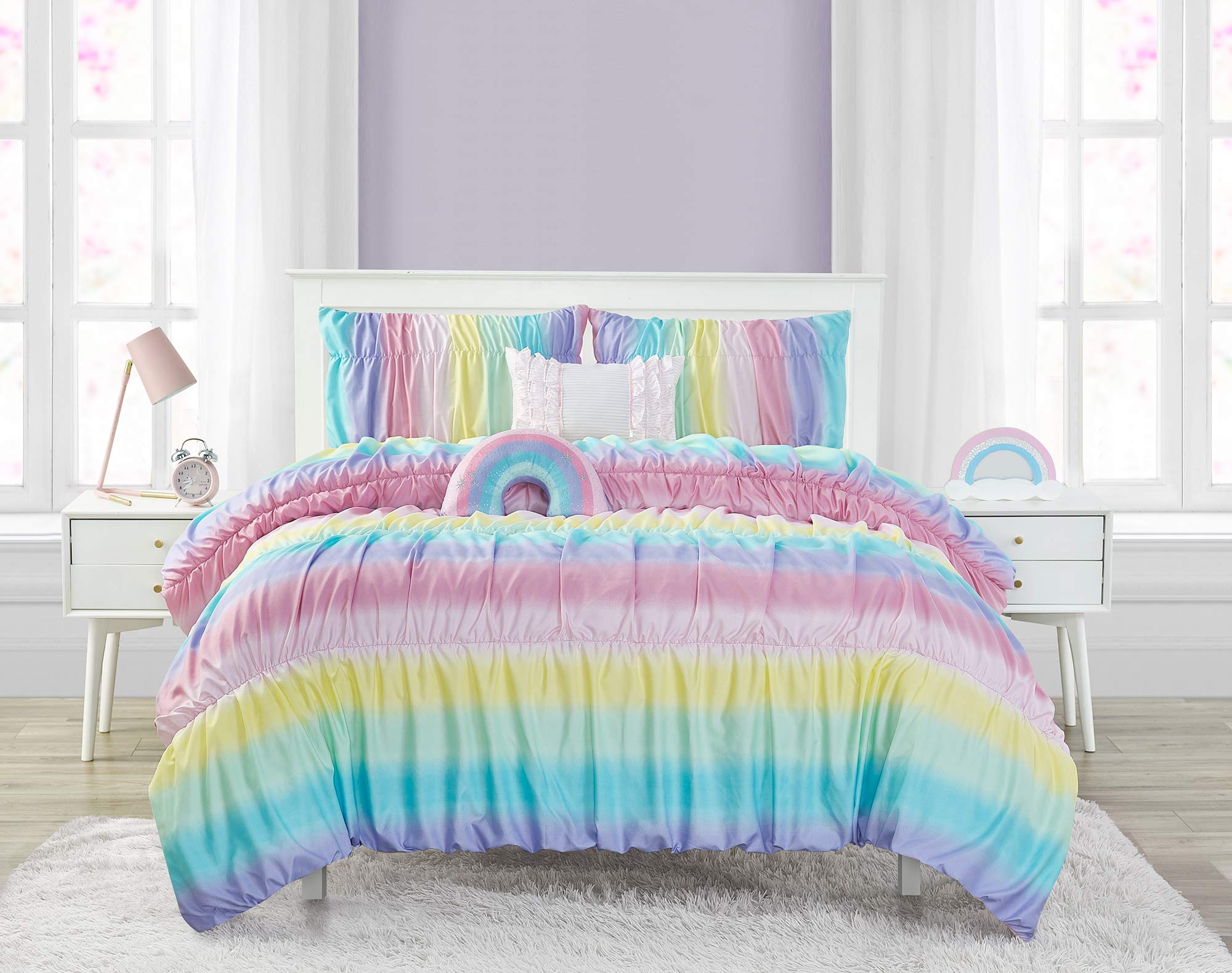 Home Resort Rainbow Ruched 5-Piece Reversible Comforter Set, Featuring Ombre Pattern of Pinks, Yellow, Mint, Aqua, and Pastel Purple, Kids Bedding, Super Soft Polyester, Twin