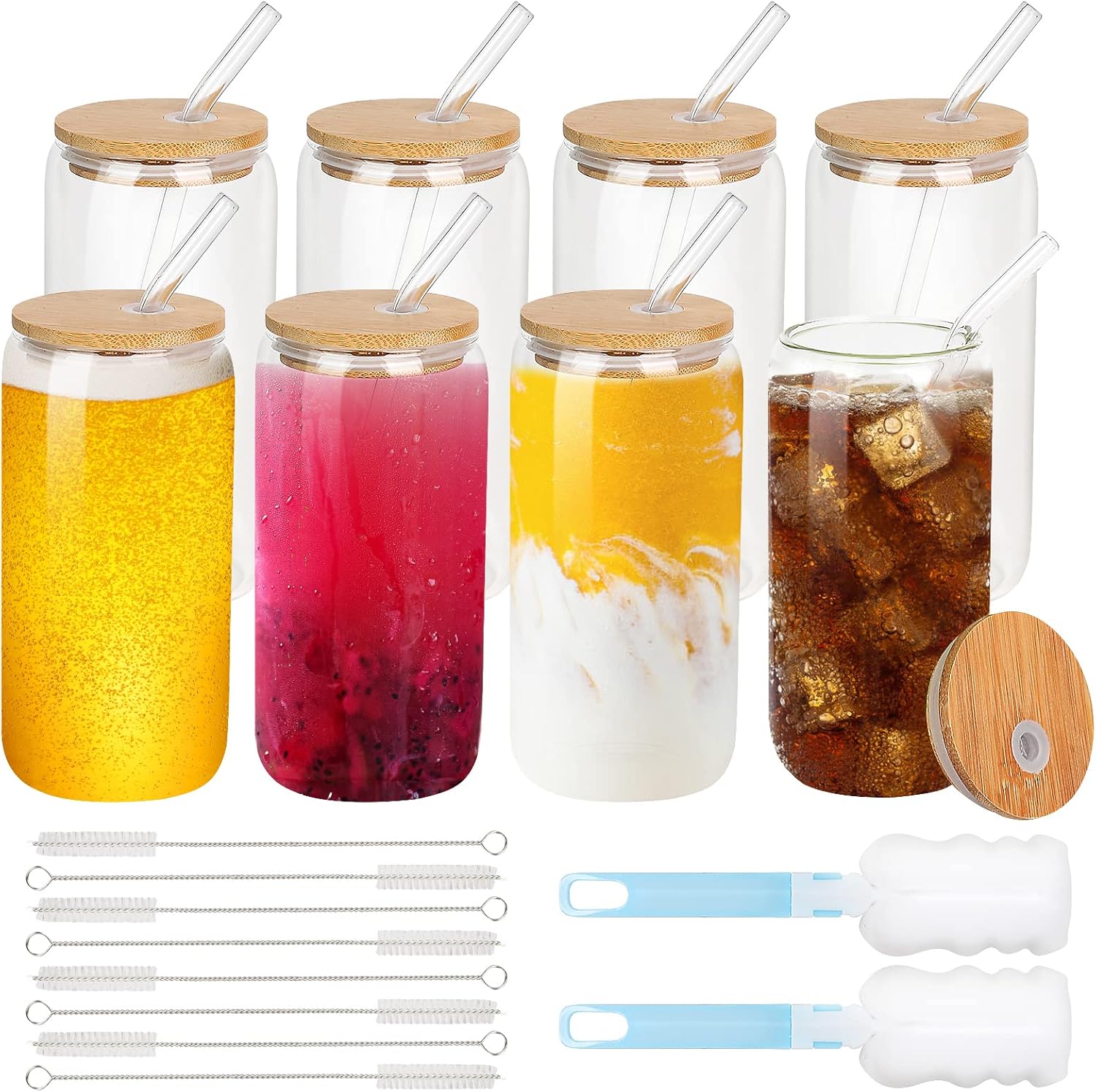 Drinking Glasses with Bamboo Lids and Glass Straw, Beer Can Glasses