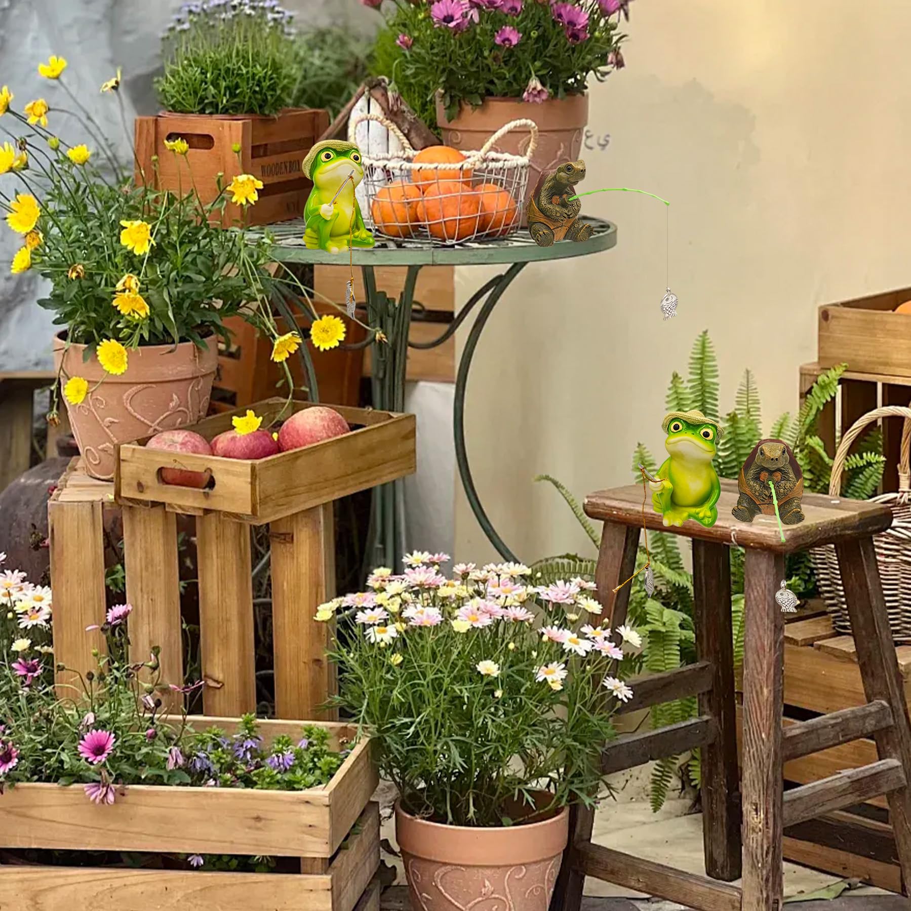 2 sztuki dekoracyjnych figurek ogrodowych, wędkarz, mini staw, wędkarz do ogrodu, krajobraz, kreatywna dekoracja stawu, na balkon, taras, do oczka wodnego, dekoracja na Halloween (figurka żaby i