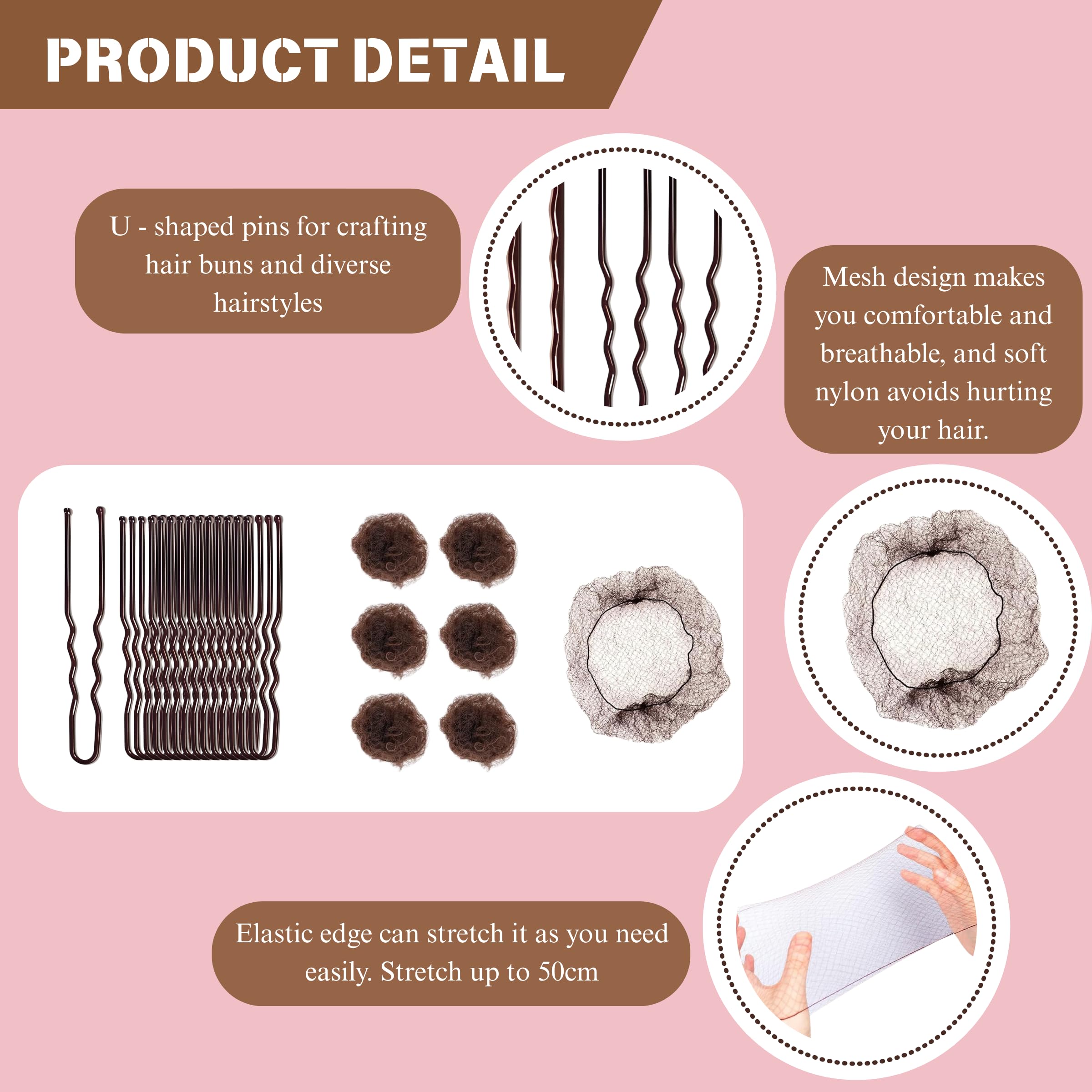 50PCS Hair Bun Nets with 40pcs U Shaped Hair Pins, Brown Invisible Bun Nets - Image 4