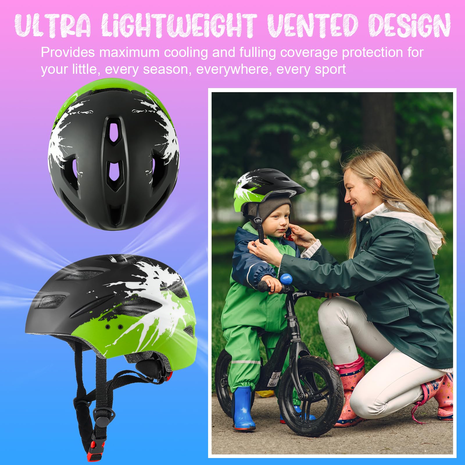 Casco da bici per bambini e bambine dai 3 ai 15 anni, leggero, con fanale posteriore, quadrante regolabile, visiera rimovibile (50-56 cm)