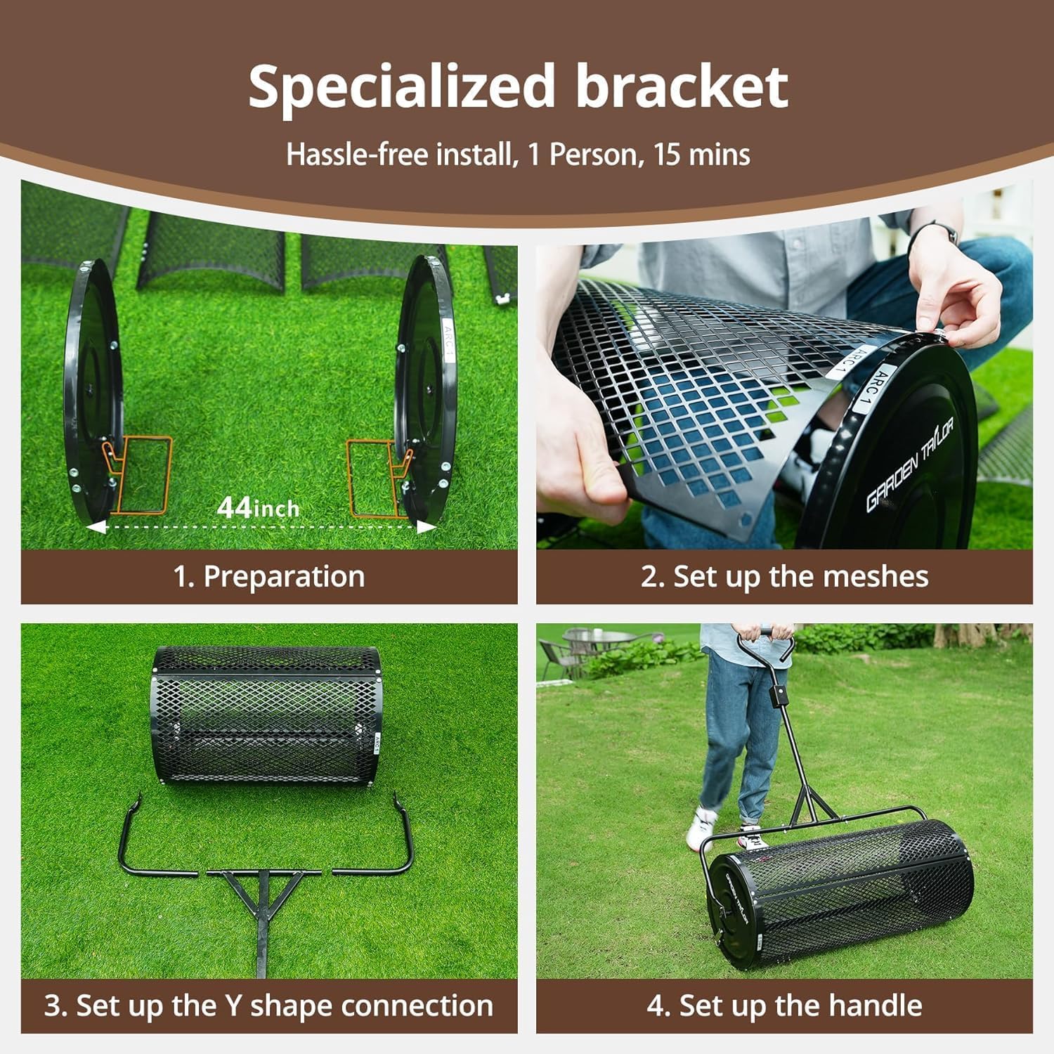 Distribuidor de compost de 36 pulgadas, remolcable, de turba con accesorios de instalación, con rodillo de malla metálica para césped, para tierra vegetal, estiércol, mantillo y abono de cobertura.