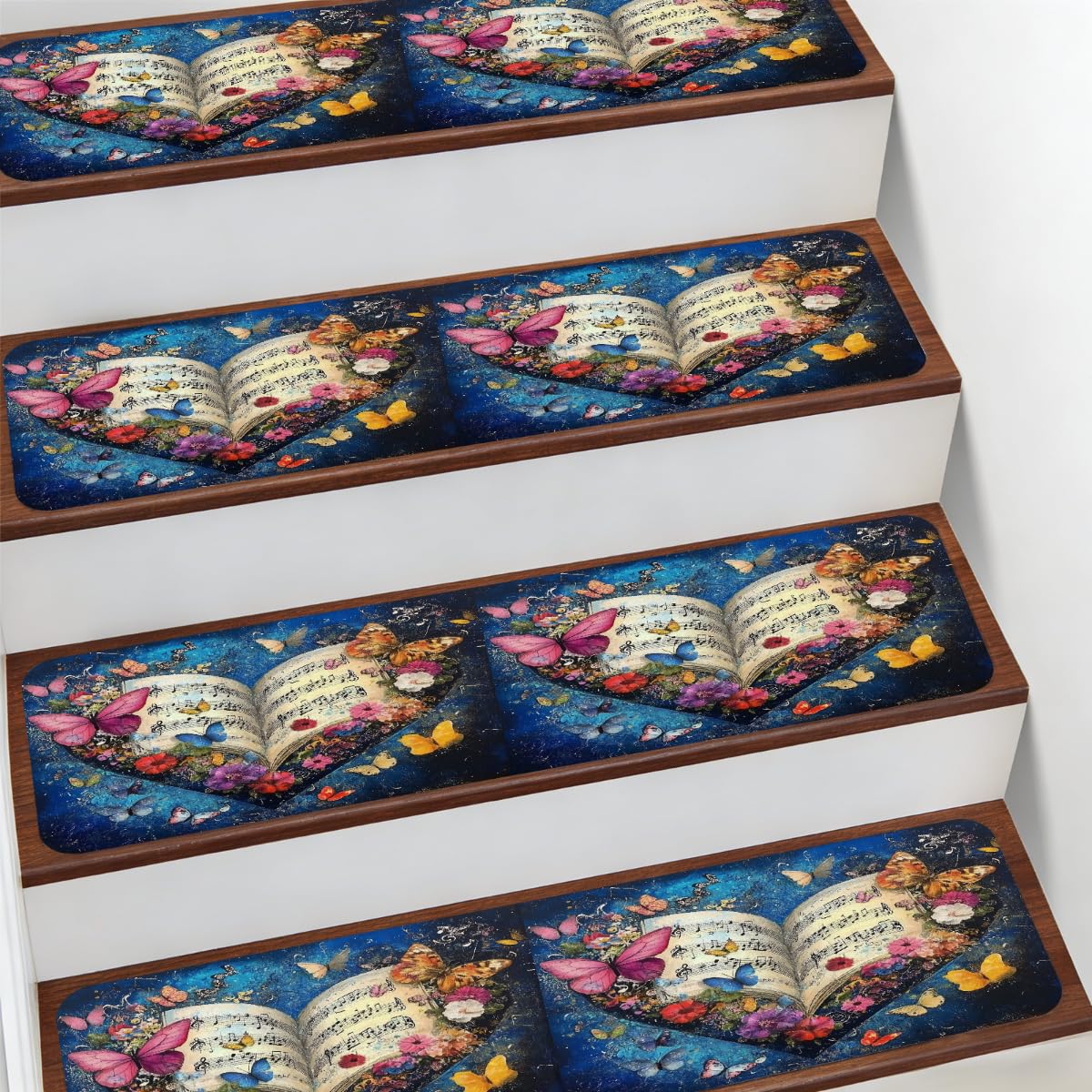 Protectores de escalera interiores antideslizantes con estampado retro de flores Mexpekil