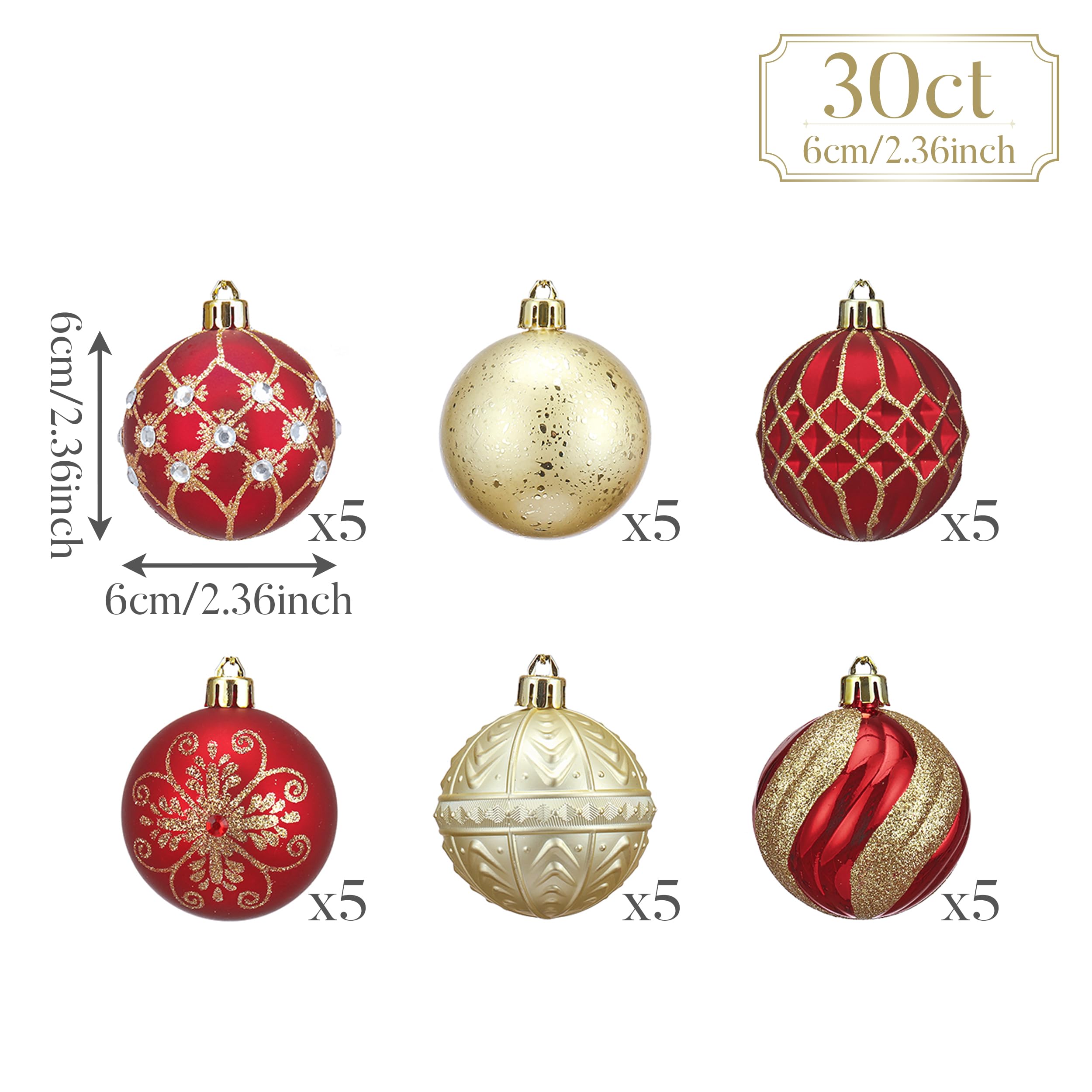 Valery Madelyn Boule de Noël de luxe incassable 30 carats 60 mm Or rouge Décoration à thème avec jupe de sapin (non incluse)